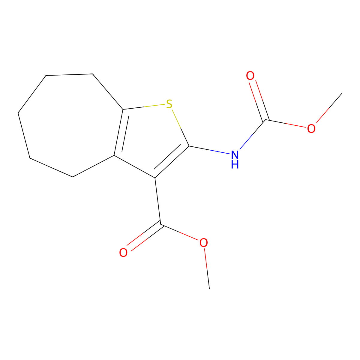 methyl 2-[(methoxycarbonyl)amino]-5,6,7,8-tetrahydro-4H-cyclohepta[b]thiophene-3-carboxylate molecular structure, CAS 6102-08-5