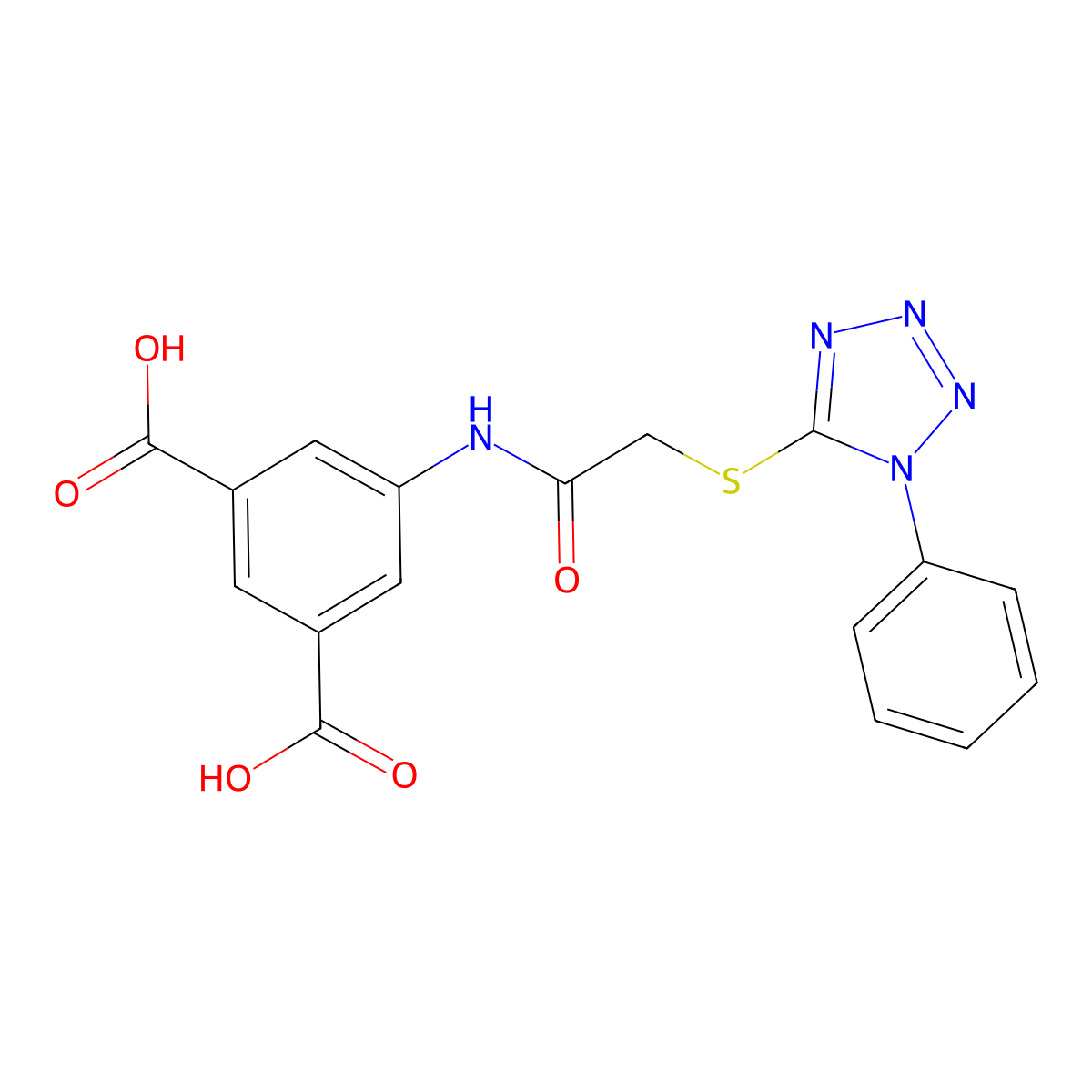 5-({[(1-phenyl-1H-tetrazol-5-yl)thio]acetyl}amino)isophthalic acid molecular structure, CAS 610261-30-8