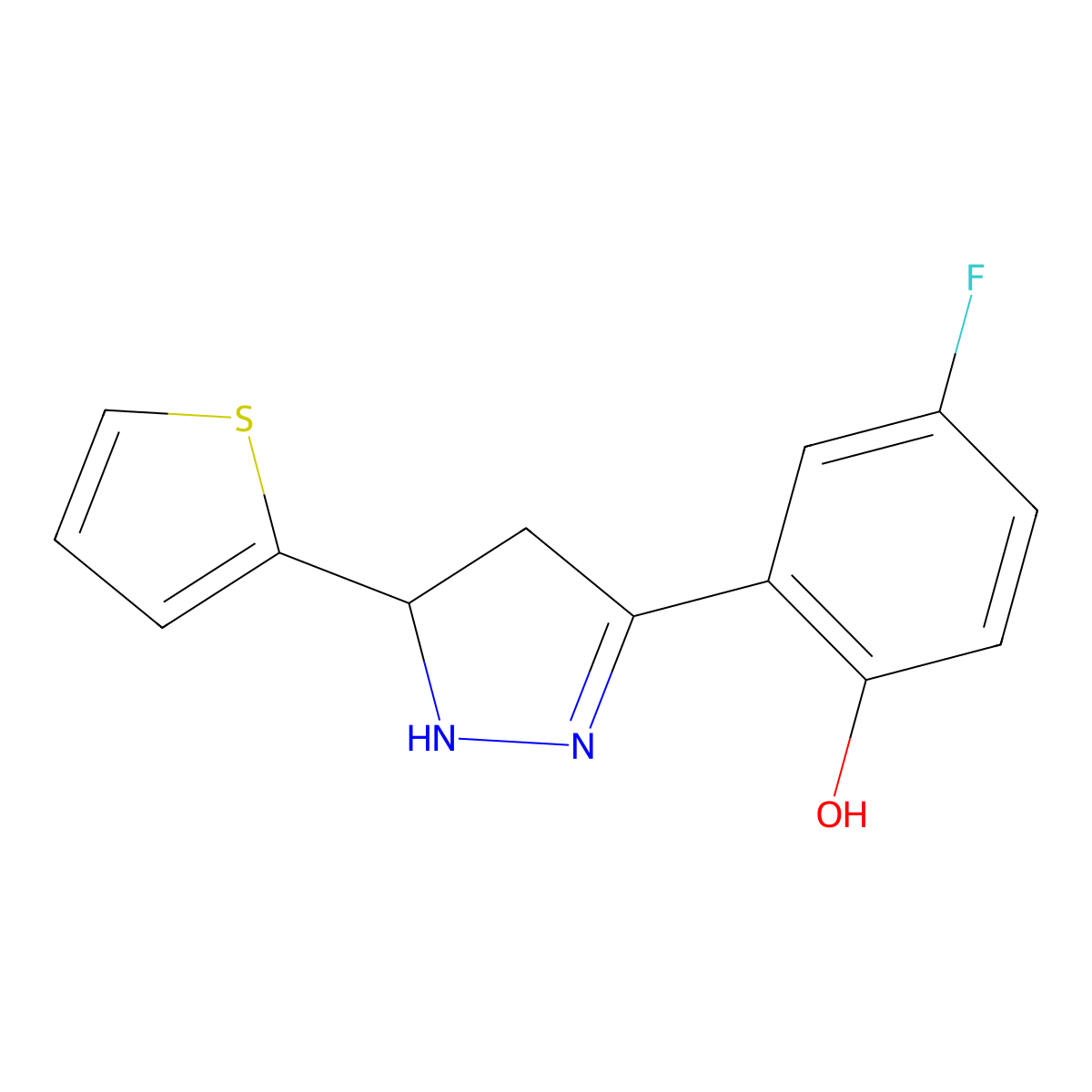 4-Fluoro-2-(5-(thiophen-2-yl)-4,5-dihydro-1H-pyrazol-3-yl)phenol molecular structure, CAS 610277-74-2