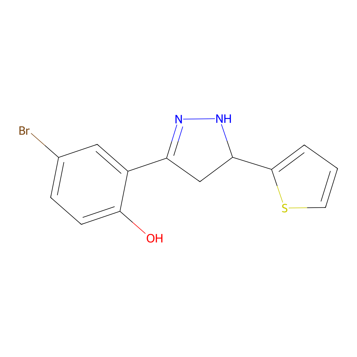 4-bromo-2-(5-(thiophen-2-yl)-4,5-dihydro-1H-pyrazol-3-yl)phenol molecular structure, CAS 610277-76-4