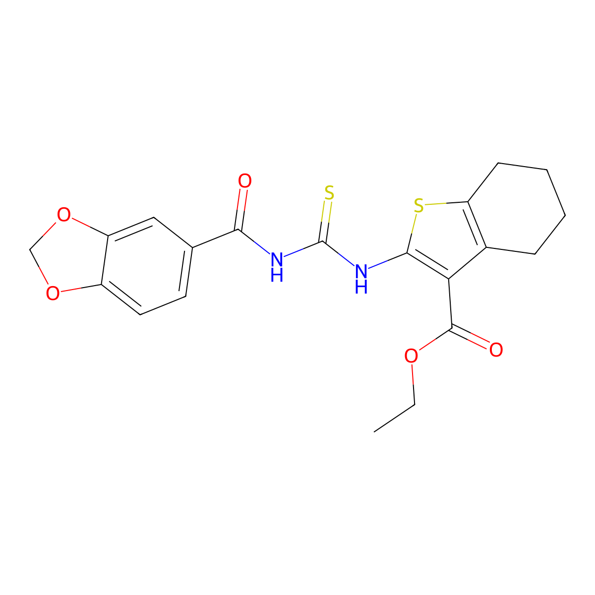 Benzo[b]thiophene-3-carboxylic acid, 2-[[[(1,3-benzodioxol-5-ylcarbonyl)amino]thioxomethyl]amino]-4,5,6,7-tetrahydro-, ethyl ester molecular structure, CAS 610281-80-6