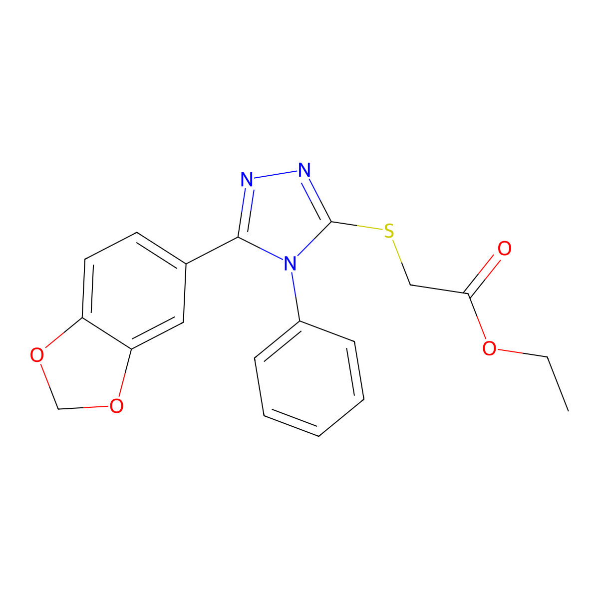 Ethyl 2-((5-(benzo[d][1,3]dioxol-5-yl)-4-phenyl-4H-1,2,4-triazol-3-yl)thio)acetate molecular structure, CAS 610281-88-4