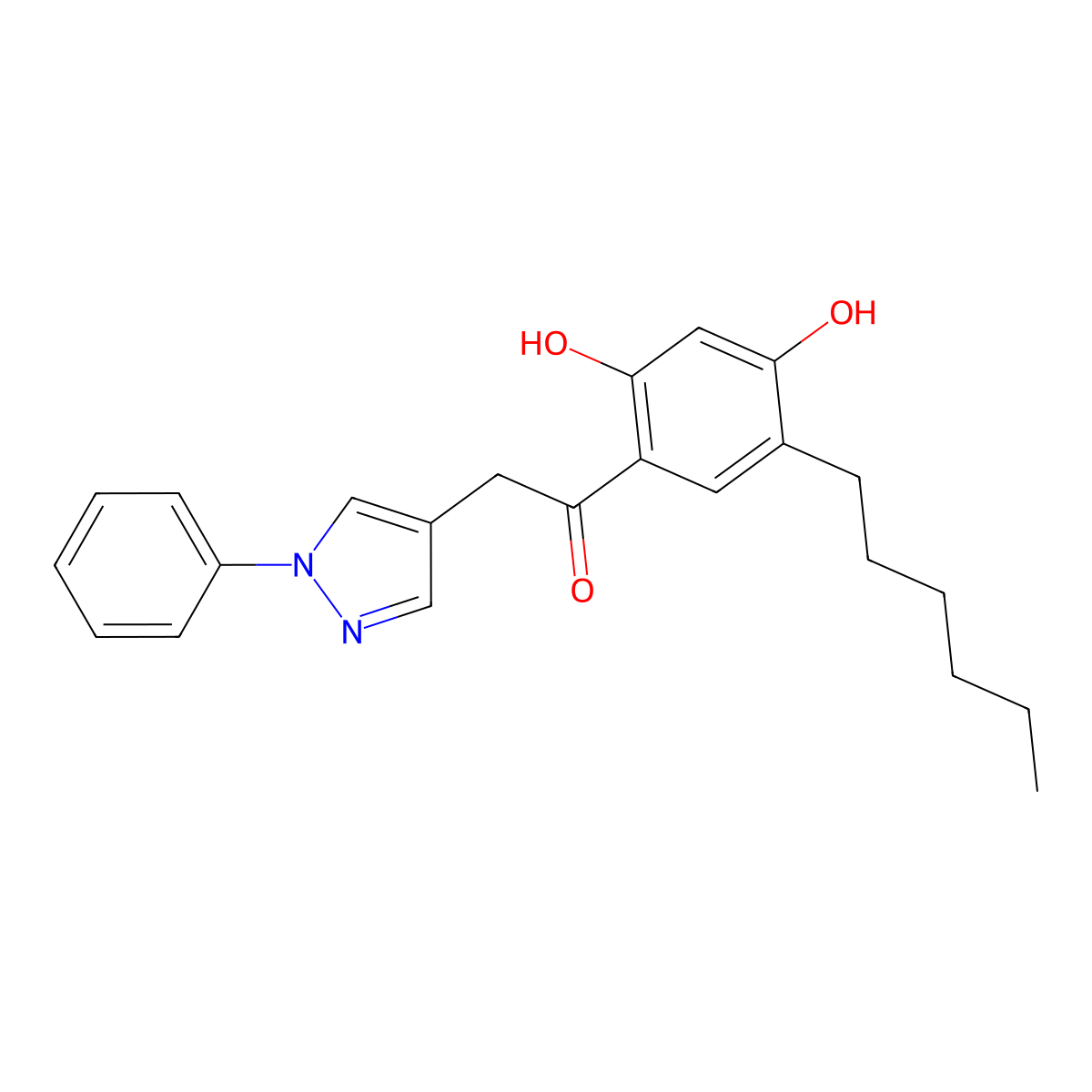 Ethanone, 1-(5-hexyl-2,4-dihydroxyphenyl)-2-(1-phenyl-1H-pyrazol-4-yl)- molecular structure, CAS 61033-96-3