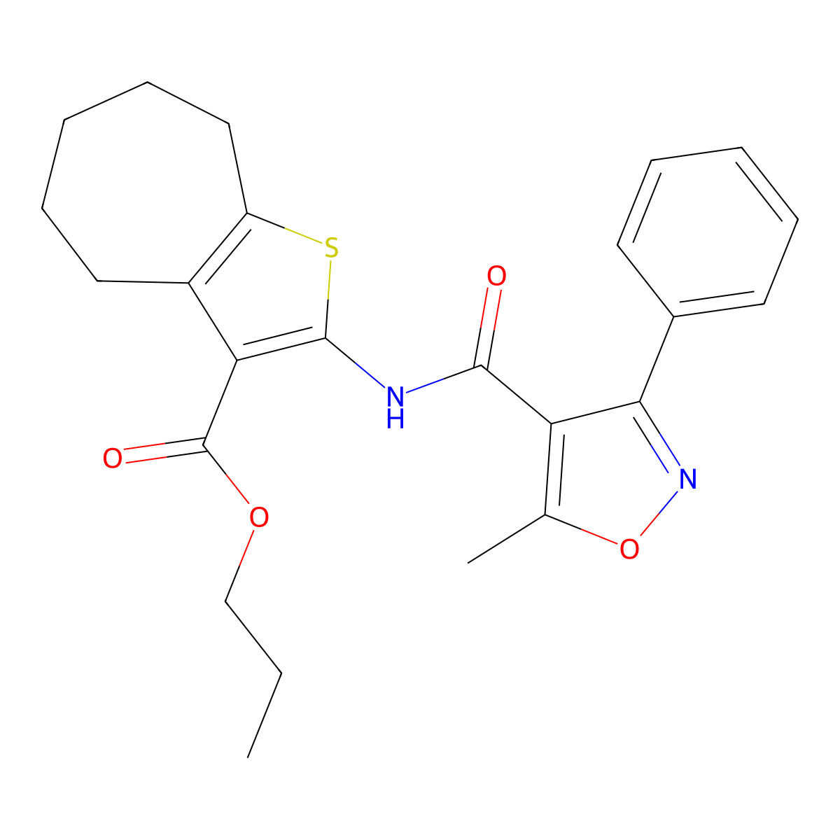 propyl 2-[(5-methyl-3-phenyl-1,2-oxazole-4-carbonyl)amino]-5,6,7,8-tetrahydro-4H-cyclohepta[b]thiophene-3-carboxylate molecular structure, CAS 6106-43-0