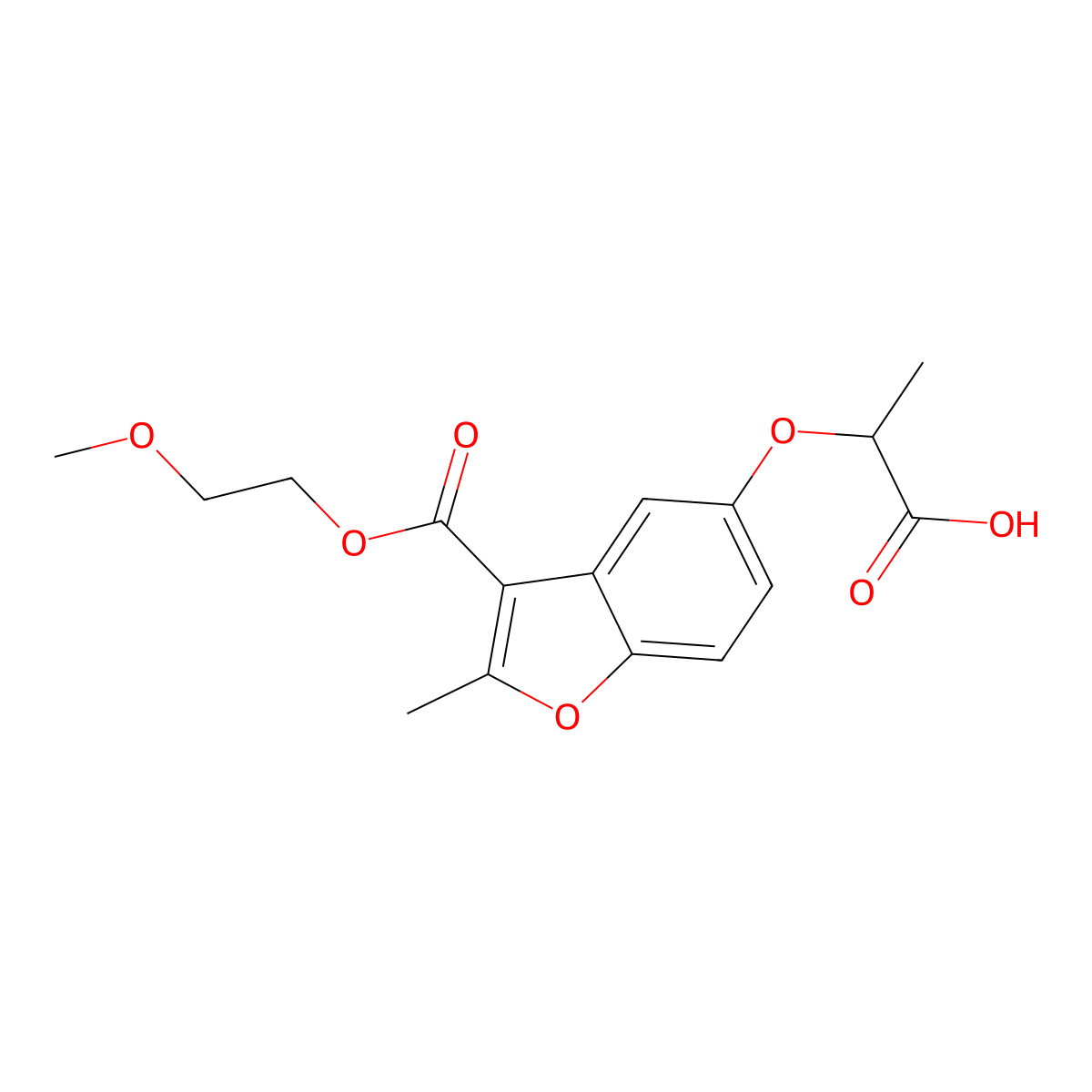 2-((3-((2-Methoxyethoxy)carbonyl)-2-methylbenzofuran-5-yl)oxy)propanoic acid molecular structure, CAS 610758-79-7