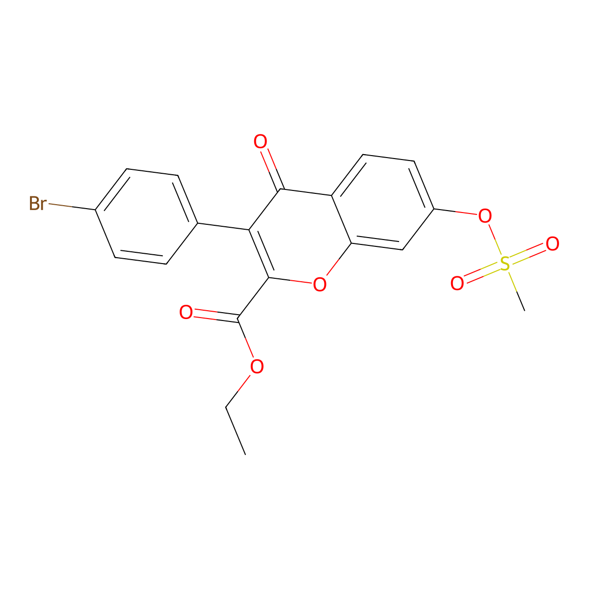 Ethyl 3-(4-bromophenyl)-7-methylsulfonyloxy-4-oxochromene-2-carboxylate molecular structure, CAS 610759-21-2