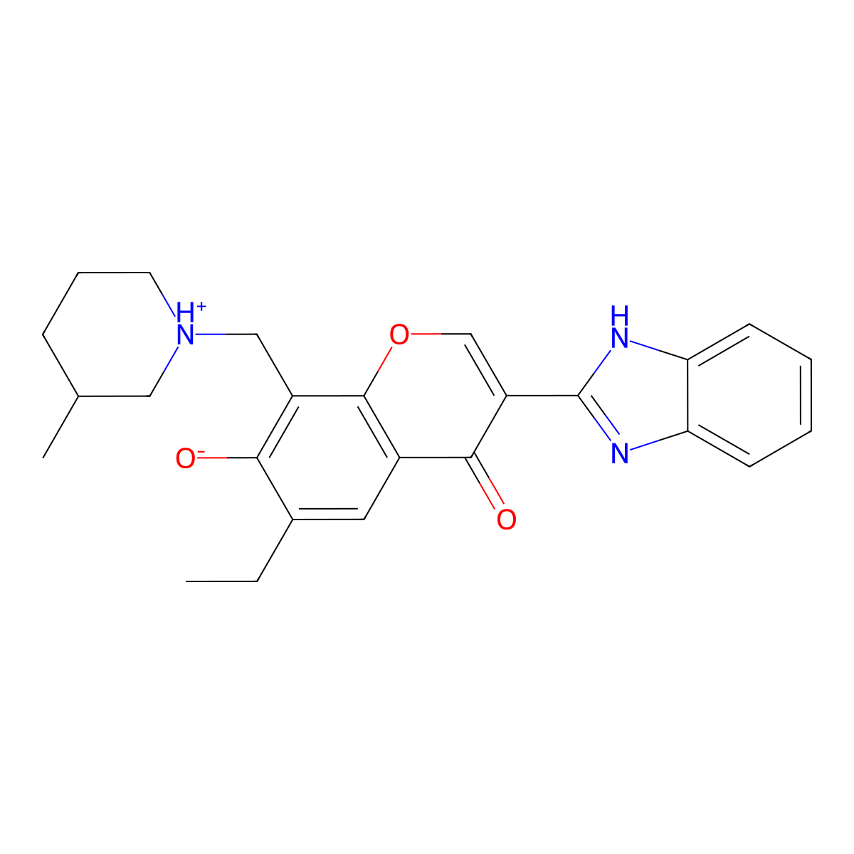 3-(1H-benzo[d]imidazol-2-yl)-6-ethyl-7-hydroxy-8-((3-methylpiperidin-1-yl)methyl)-4H-chromen-4-one molecular structure, CAS 610759-65-4