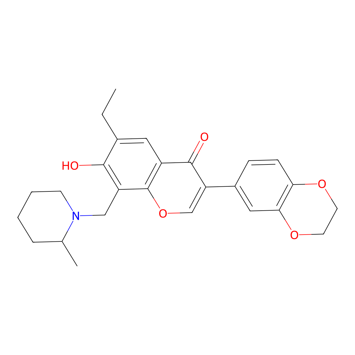 3-(2,3-dihydrobenzo[b][1,4]dioxin-6-yl)-6-ethyl-7-hydroxy-8-((2-methylpiperidin-1-yl)methyl)-4H-chromen-4-one molecular structure, CAS 610759-68-7