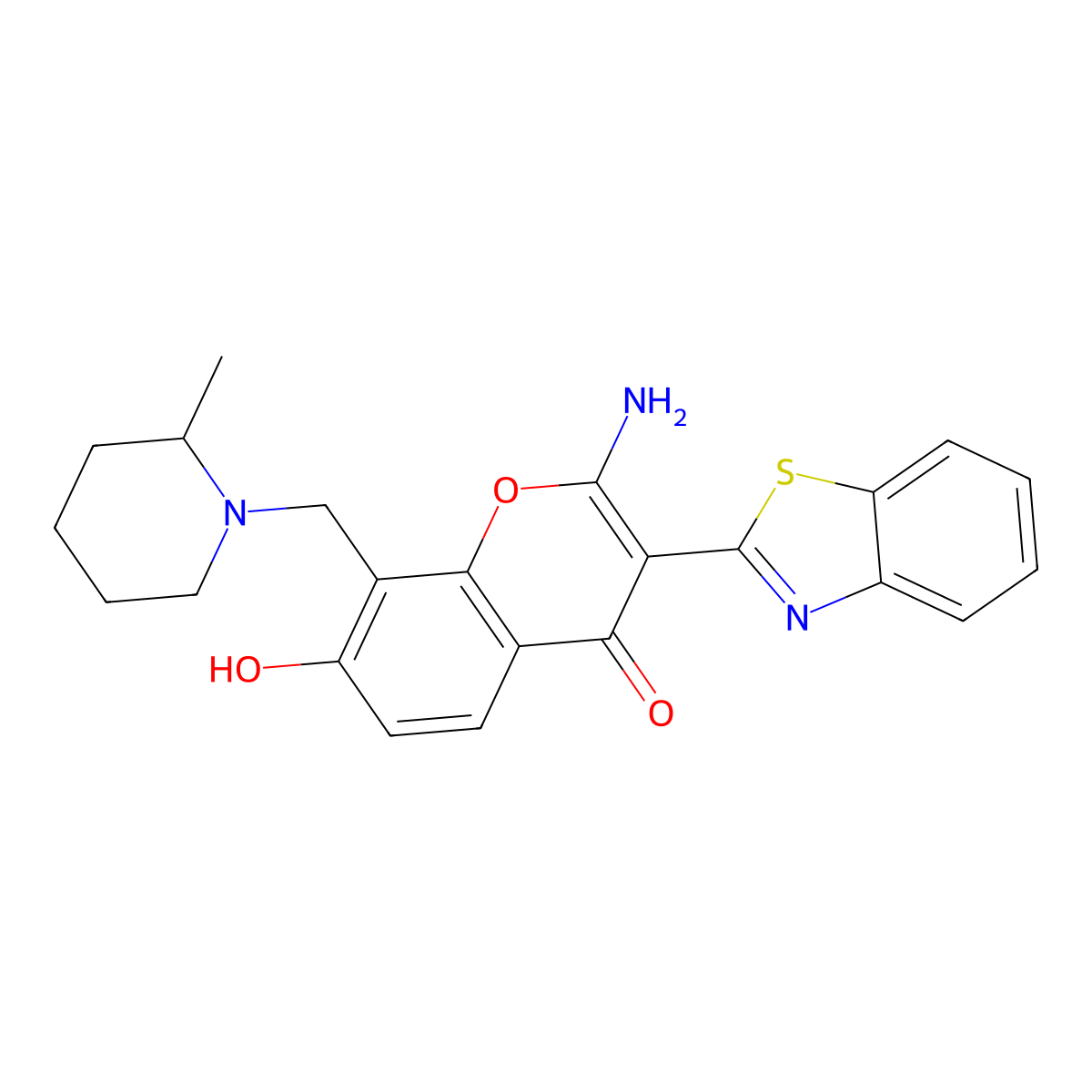 2-Amino-3-benzothiazol-2-yl-7-hydroxy-8-(2-methyl-piperidin-1-ylmethyl)-chromen-4-one molecular structure, CAS 610759-76-7
