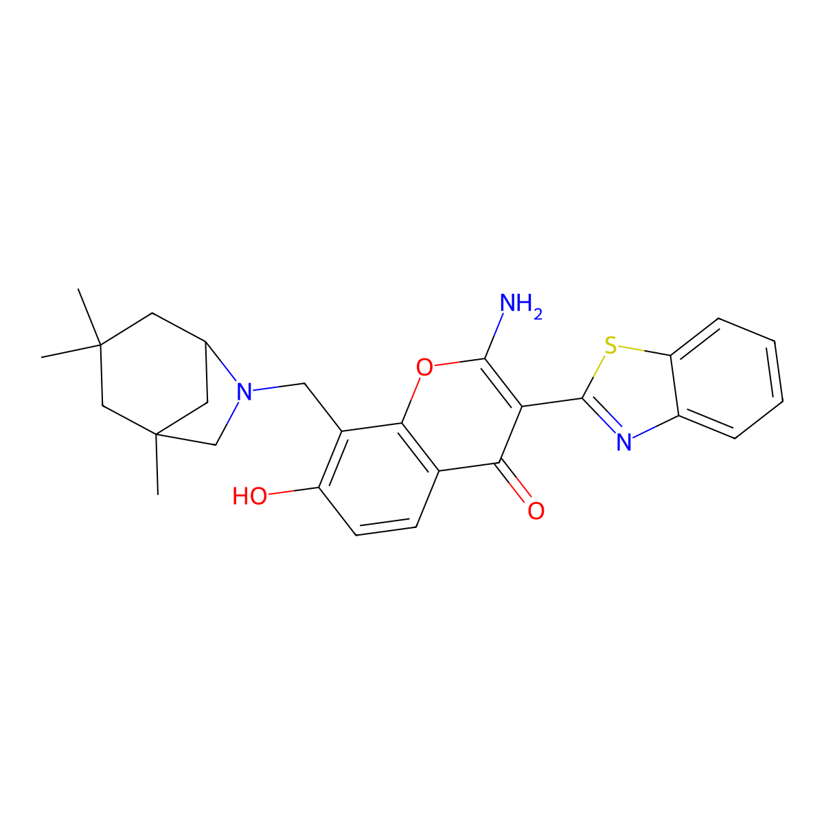 2-amino-3-(1,3-benzothiazol-2-yl)-7-hydroxy-8-[(1,3,3-trimethyl-6-azabicyclo[3.2.1]oct-6-yl)methyl]-4H-chromen-4-one molecular structure, CAS 610759-83-6