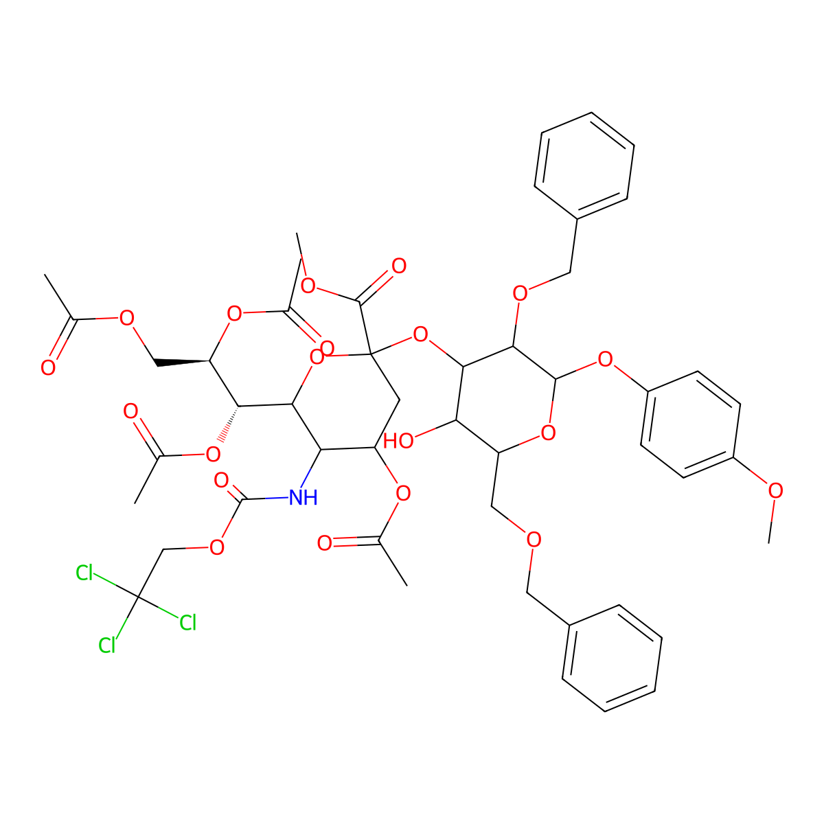 4-Methoxyphenyl 2,6-di-O-benzyl-3-O-(4,7,8,9-tetra-O-acetyl-3,5-dideoxy-1-methyl-5-(((2,2,2-trichloroethoxy)carbonyl)amino)-D-erythro-non-2-ulopyranonosyl)hexopyranoside molecular structure, CAS 610763-72-9