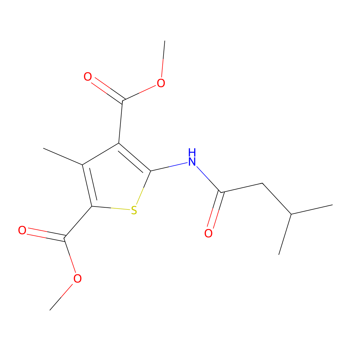 Dimethyl 3-methyl-5-(3-methylbutanoylamino)thiophene-2,4-dicarboxylate molecular structure, CAS 6109-68-8
