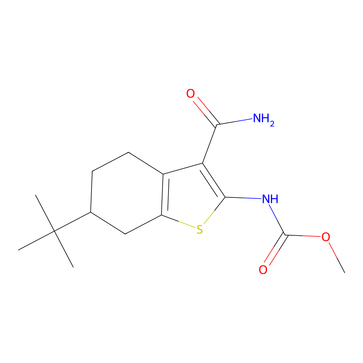 Methyl (6-tert-butyl-3-carbamoyl-4,5,6,7-tetrahydro-1-benzothiophen-2-yl)carbamate molecular structure, CAS 6109-83-7