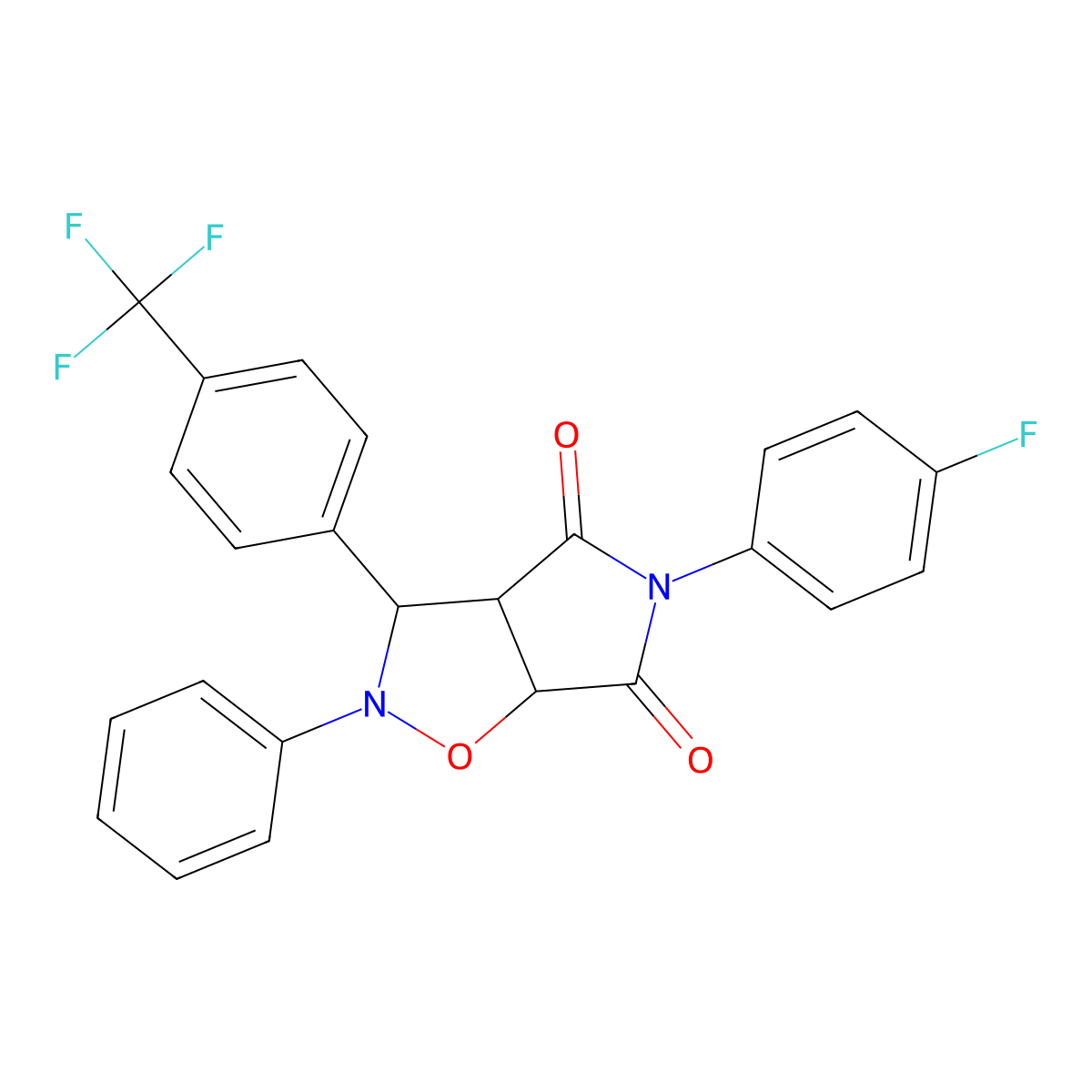 5-(4-fluorophenyl)-2-phenyl-3-(4-(trifluoromethyl)phenyl)dihydro-2H-pyrrolo[3,4-d]isoxazole-4,6(5H,6aH)-dione molecular structure, CAS 6111-17-7