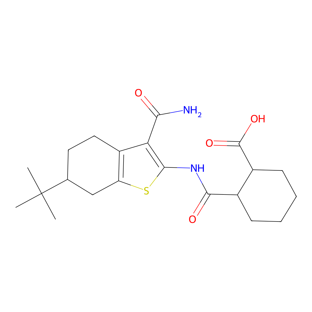 2-[(6-Tert-butyl-3-carbamoyl-4,5,6,7-tetrahydro-1-benzothiophen-2-yl)carbamoyl]cyclohexane-1-carboxylic acid molecular structure, CAS 6111-54-2