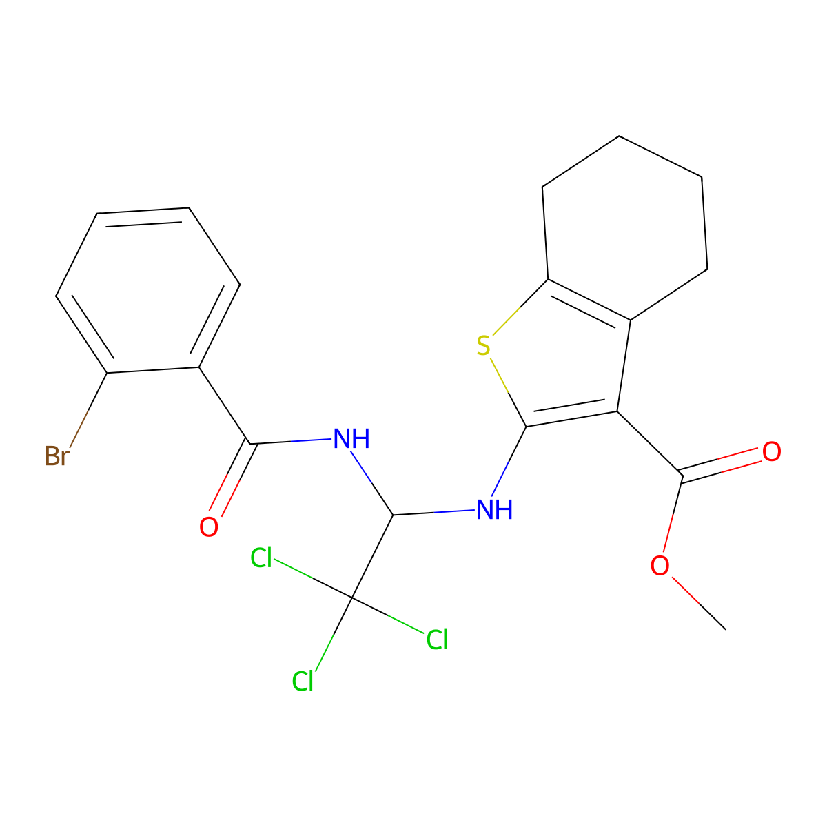 Methyl 2-((1-((2-bromobenzoyl)amino)-2,2,2-trichloroethyl)amino)-4,5,6,7-tetrahydro-1-benzothiophene-3-carboxylate molecular structure, CAS 611185-59-2