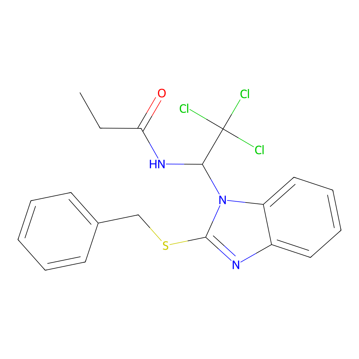 N-(1-(2-(Benzylthio)-1H-benzimidazol-1-YL)-2,2,2-trichloroethyl)propanamide molecular structure, CAS 611185-64-9