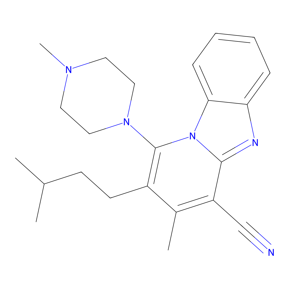 3-Methyl-2-(3-methylbutyl)-1-(4-methylpiperazin-1-yl)pyrido[1,2-a]benzimidazole-4-carbonitrile molecular structure, CAS 611198-13-1