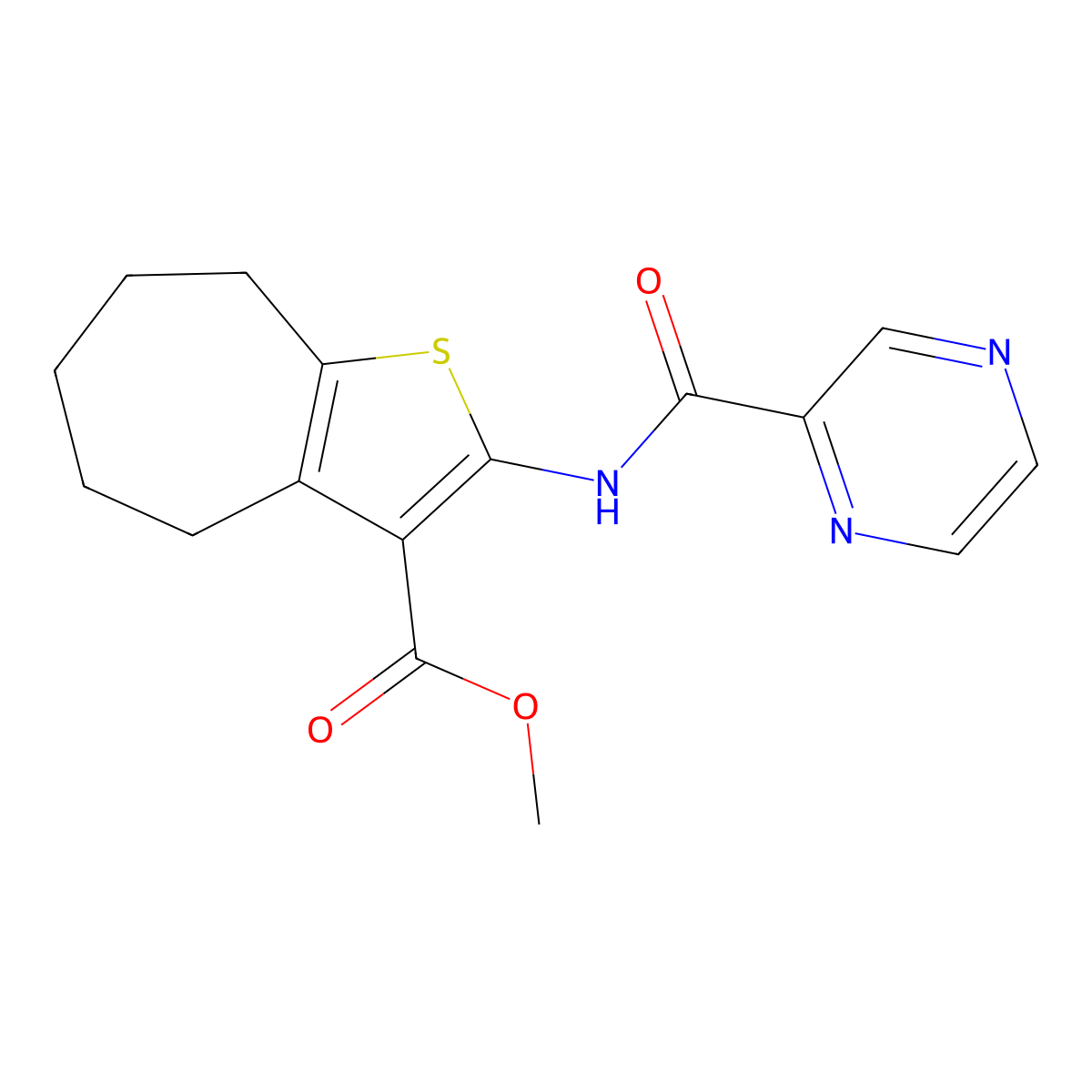 methyl 2-(pyrazine-2-carbonylamino)-5,6,7,8-tetrahydro-4H-cyclohepta[b]thiophene-3-carboxylate molecular structure, CAS 6112-98-7