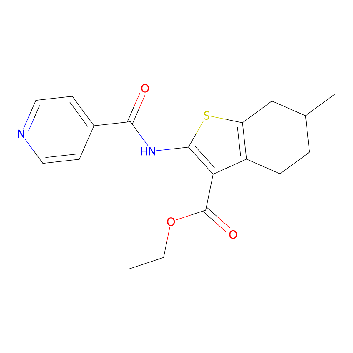 Ethyl 6-methyl-2-[(pyridin-4-ylcarbonyl)amino]-4,5,6,7-tetrahydro-1-benzothiophene-3-carboxylate molecular structure, CAS 6115-54-4