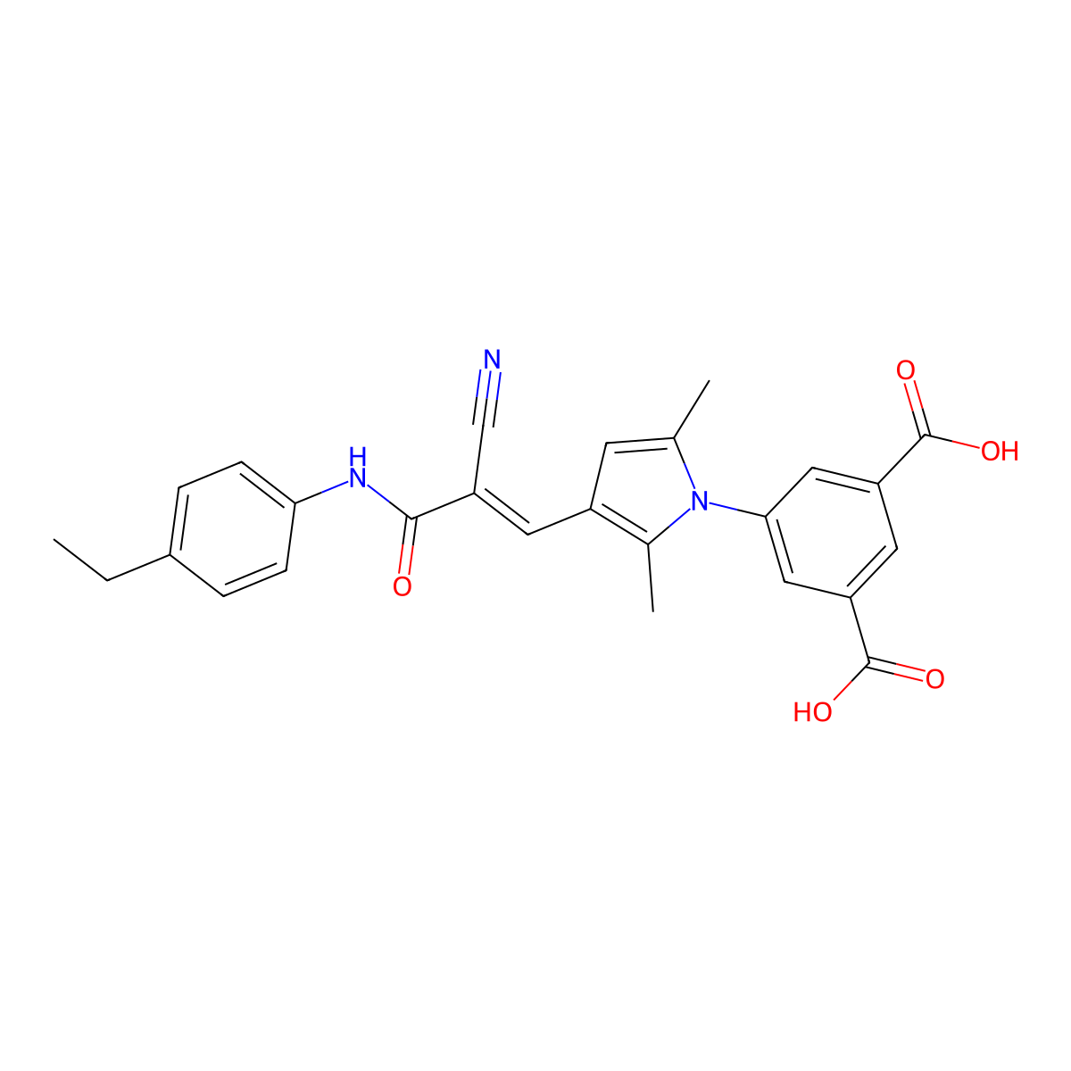 5-{3-[2-Cyano-3-(4-ethylanilino)-3-oxoprop-1-en-1-yl]-2,5-dimethyl-1H-pyrrol-1-yl}benzene-1,3-dicarboxylic acid molecular structure, CAS 6116-62-7