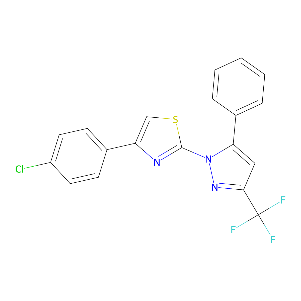 4-(4-Chlorophenyl)-2-[5-phenyl-3-(trifluoromethyl)pyrazol-1-yl]-1,3-thiazole molecular structure, CAS 6117-53-9