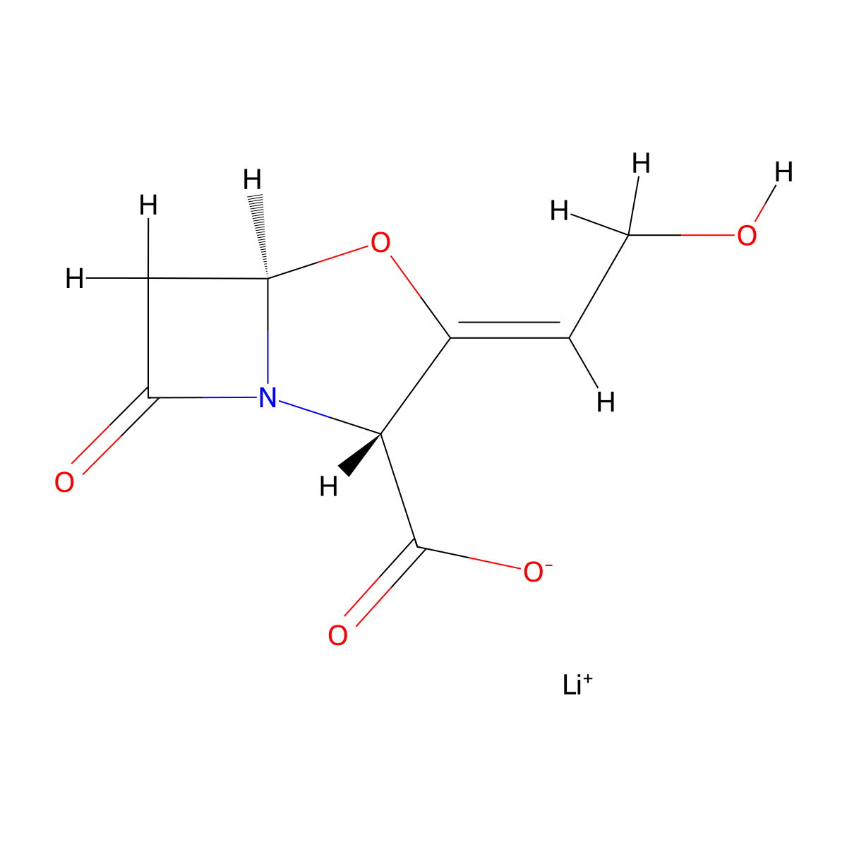4-Oxa-1-azabicyclo[3.2.0]heptane-2-carboxylic acid, 3-(2-hydroxyethylidene)-7-oxo-, lithium salt (1:1), (2R,3Z,5R)- molecular structure, CAS 61177-44-4
