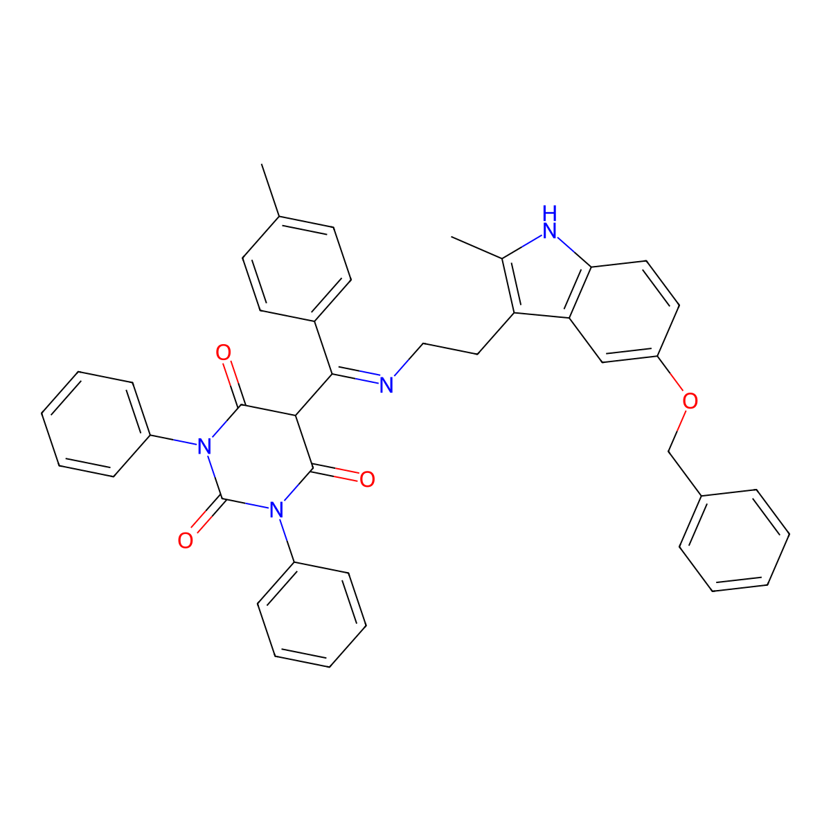 5-[C-(4-methylphenyl)-N-[2-(2-methyl-5-phenylmethoxy-1H-indol-3-yl)ethyl]carbonimidoyl]-1,3-diphenyl-1,3-diazinane-2,4,6-trione molecular structure, CAS 6119-06-8