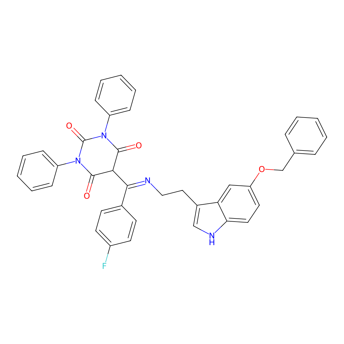 5-[C-(4-fluorophenyl)-N-[2-(5-phenylmethoxy-1H-indol-3-yl)ethyl]carbonimidoyl]-1,3-diphenyl-1,3-diazinane-2,4,6-trione molecular structure, CAS 6119-07-9
