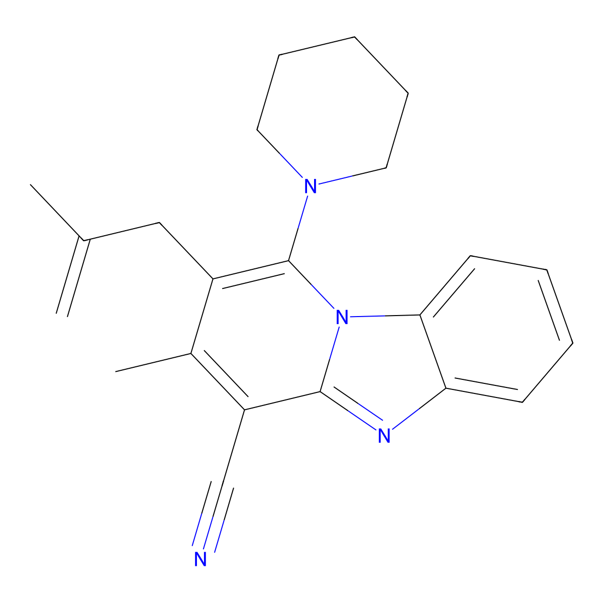 3-Methyl-2-(2-methylprop-2-enyl)-1-piperidin-1-ylpyrido[1,2-a]benzimidazole-4-carbonitrile molecular structure, CAS 612037-73-7