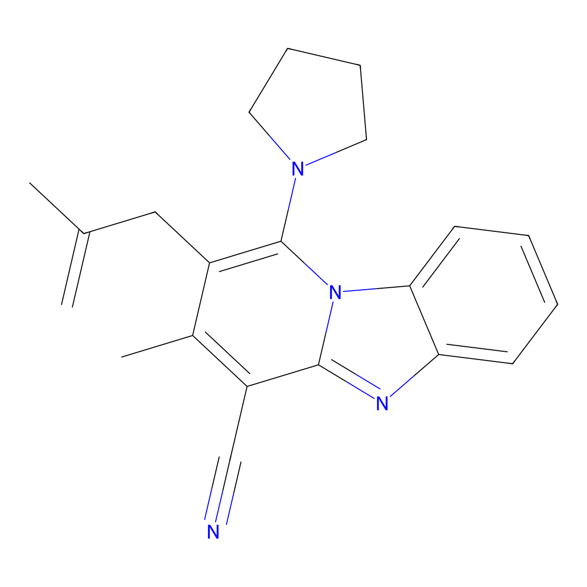 3-Methyl-2-(2-methylprop-2-enyl)-1-pyrrolidin-1-ylpyrido[1,2-a]benzimidazole-4-carbonitrile molecular structure, CAS 612037-92-0