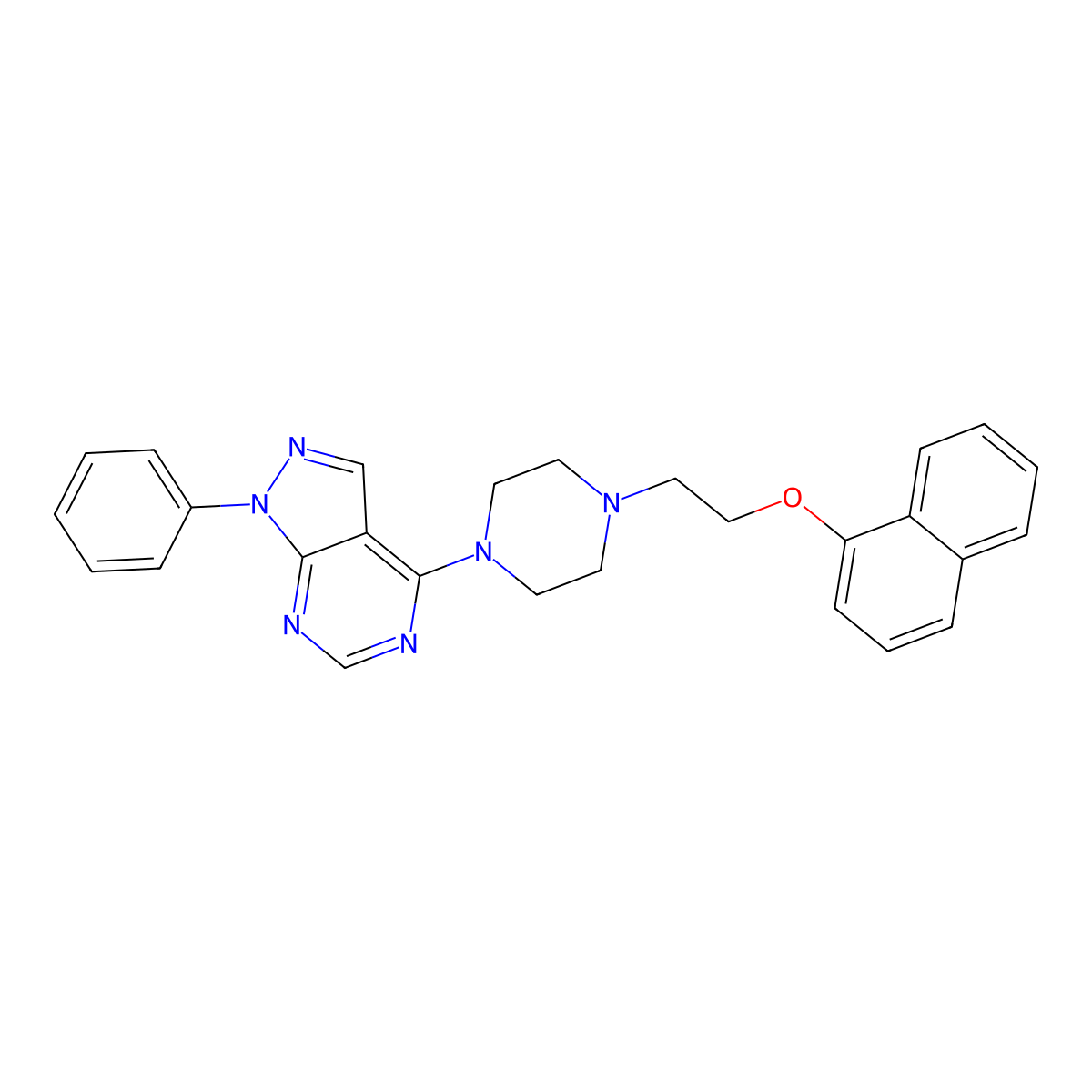 4-{4-[2-(naphthalen-1-yloxy)ethyl]piperazin-1-yl}-1-phenyl-1H-pyrazolo[3,4-d]pyrimidine molecular structure, CAS 612038-07-0