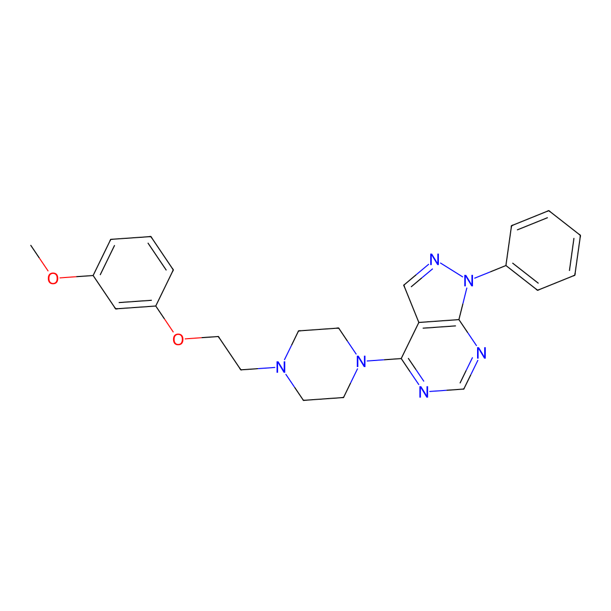 4-{4-[2-(3-methoxyphenoxy)ethyl]piperazin-1-yl}-1-phenyl-1H-pyrazolo[3,4-d]pyrimidine molecular structure, CAS 612038-17-2