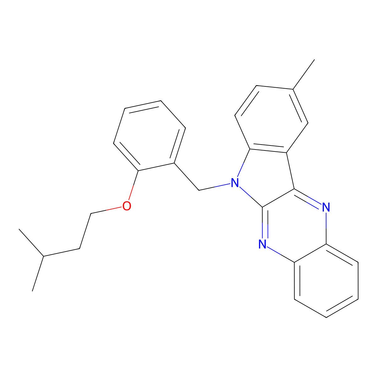 6-(2-(isopentyloxy)benzyl)-9-methyl-6H-indolo[2,3-b]quinoxaline molecular structure, CAS 612041-45-9