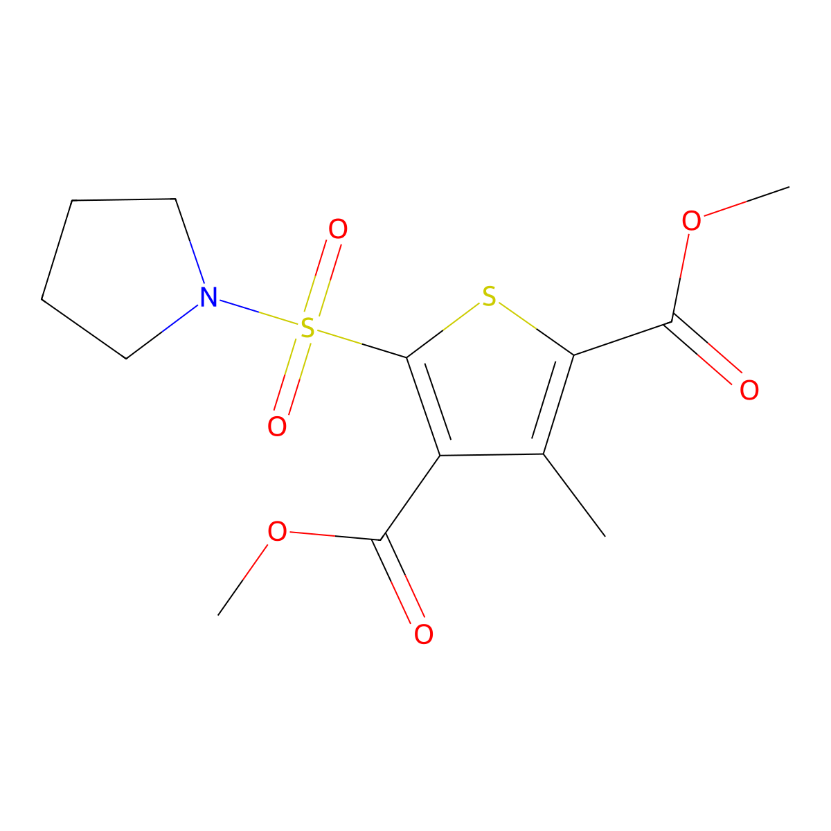 Dimethyl 3-methyl-5-(pyrrolidin-1-ylsulfonyl)thiophene-2,4-dicarboxylate molecular structure, CAS 612045-11-1
