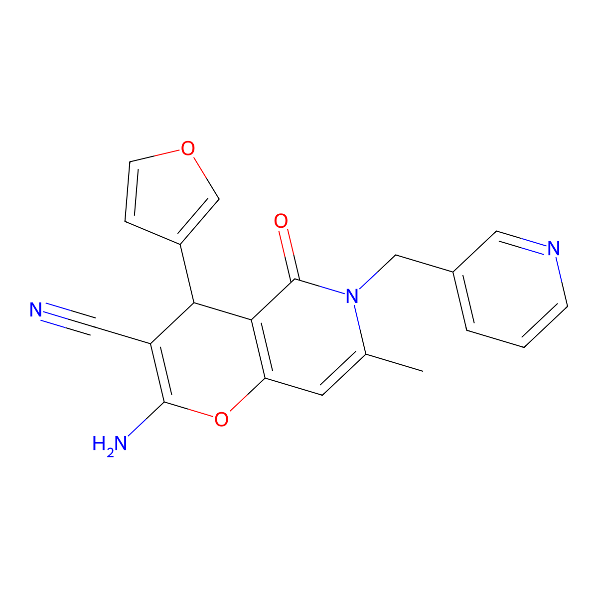 2-amino-4-(furan-3-yl)-7-methyl-5-oxo-6-(pyridin-3-ylmethyl)-4H-pyrano[3,2-c]pyridine-3-carbonitrile molecular structure, CAS 612049-12-4
