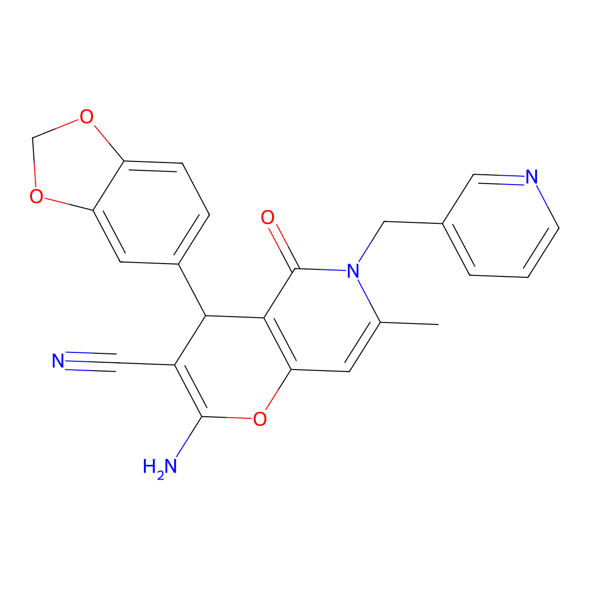 2-amino-4-(1,3-benzodioxol-5-yl)-7-methyl-5-oxo-6-(pyridin-3-ylmethyl)-4H-pyrano[3,2-c]pyridine-3-carbonitrile molecular structure, CAS 612049-21-5