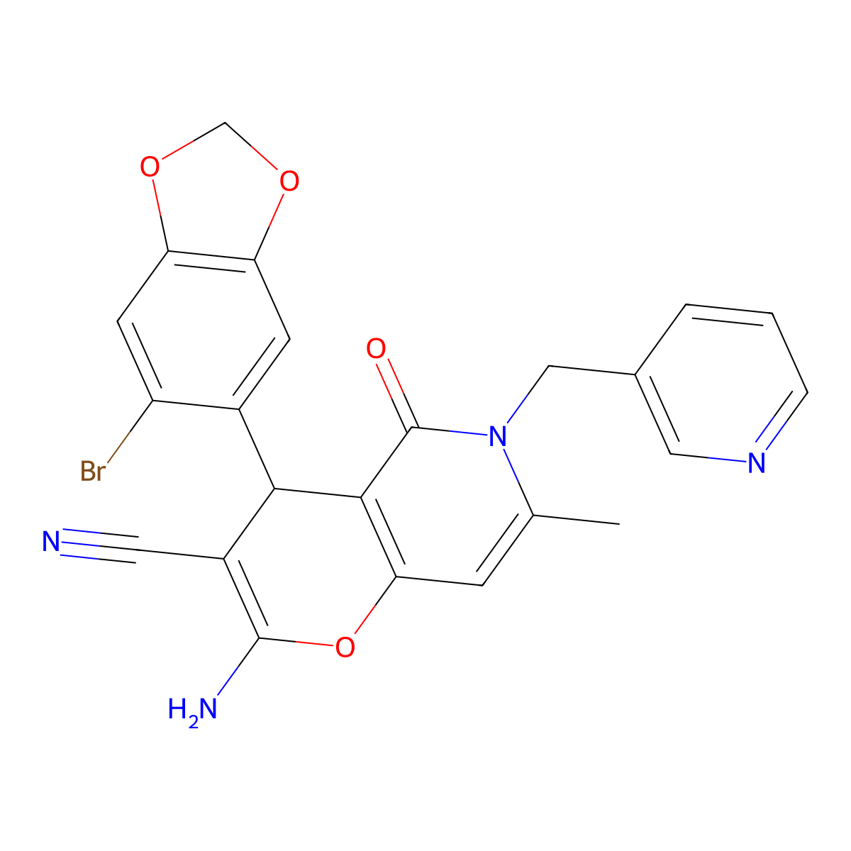 2-amino-4-(6-bromo-1,3-benzodioxol-5-yl)-7-methyl-5-oxo-6-(pyridin-3-ylmethyl)-4H-pyrano[3,2-c]pyridine-3-carbonitrile molecular structure, CAS 612049-22-6