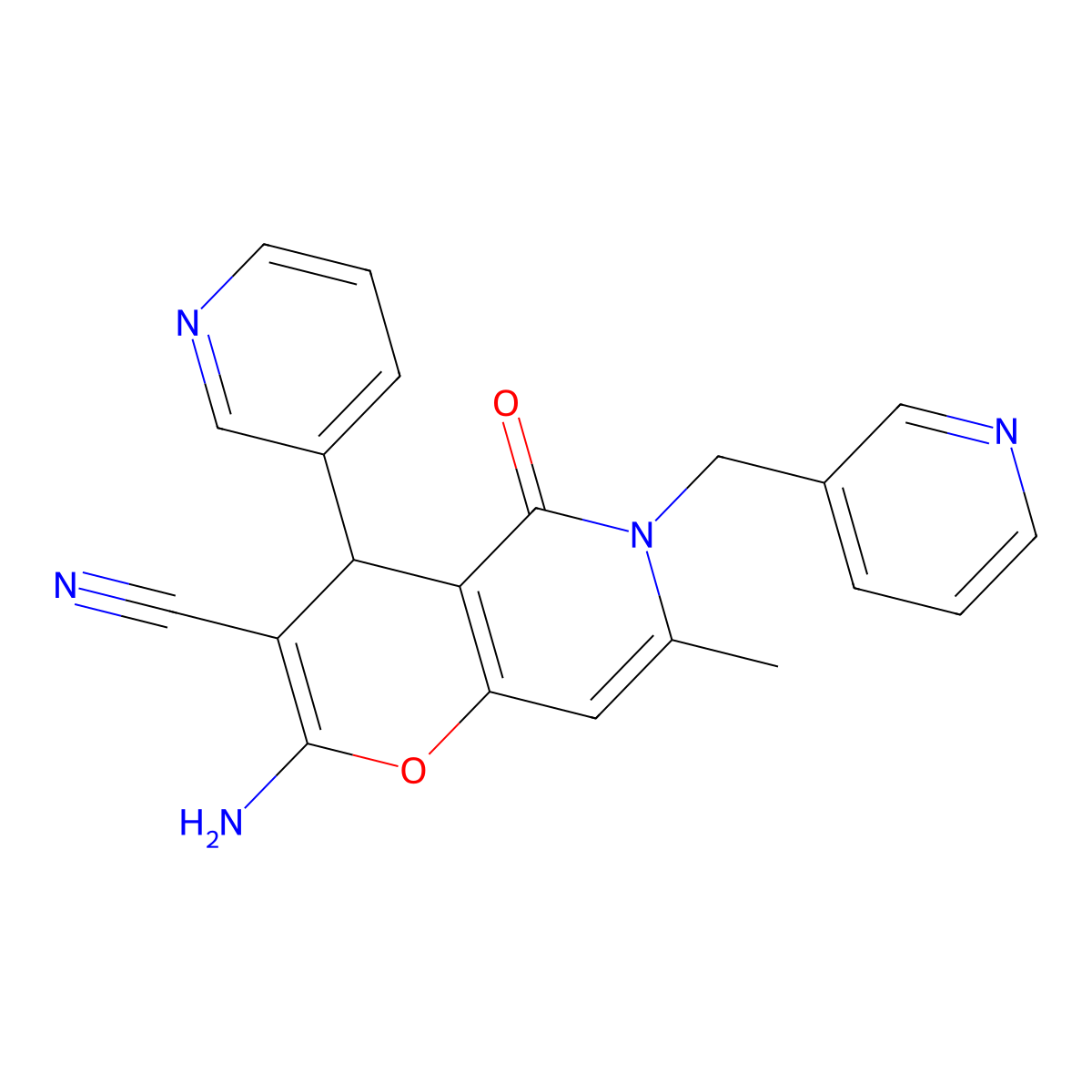 2-amino-7-methyl-5-oxo-4-pyridin-3-yl-6-(pyridin-3-ylmethyl)-4H-pyrano[3,2-c]pyridine-3-carbonitrile molecular structure, CAS 612049-26-0