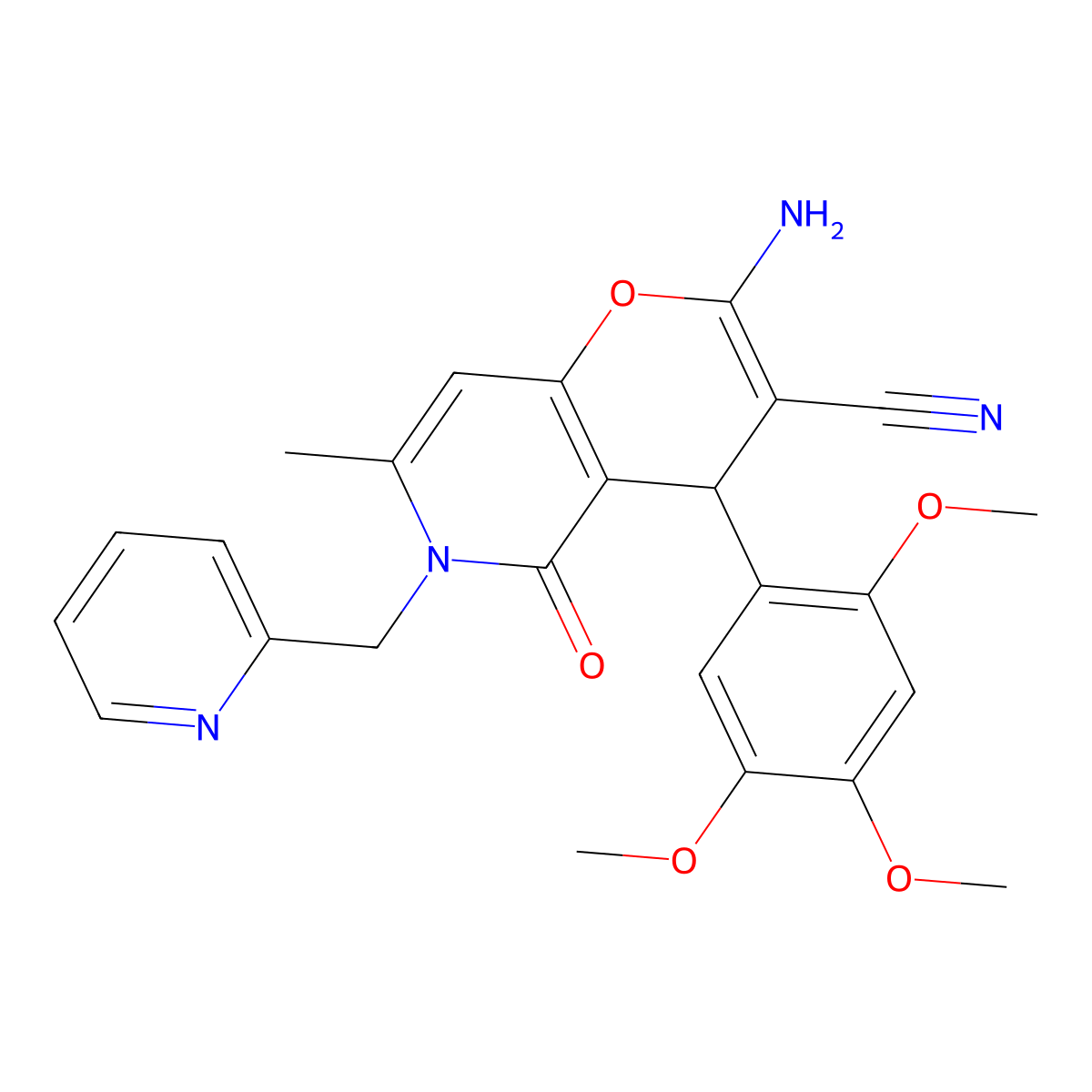 2-amino-7-methyl-5-oxo-6-(pyridin-2-ylmethyl)-4-(2,4,5-trimethoxyphenyl)-5,6-dihydro-4H-pyrano[3,2-c]pyridine-3-carbonitrile molecular structure, CAS 612053-03-9