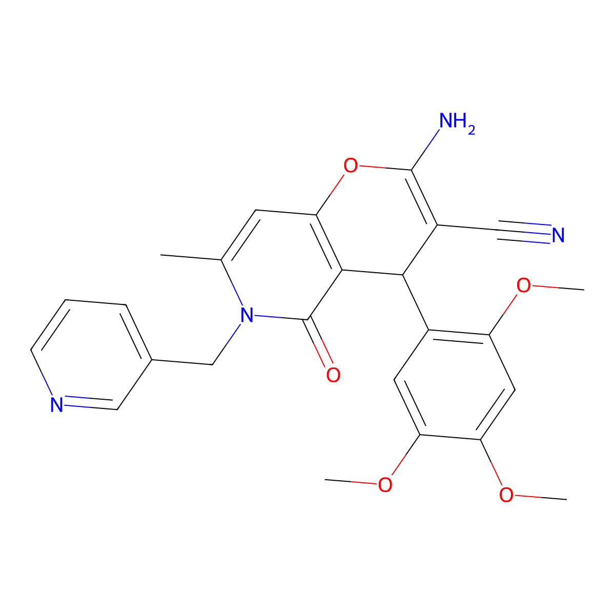 2-amino-7-methyl-5-oxo-6-(pyridin-3-ylmethyl)-4-(2,4,5-trimethoxyphenyl)-5,6-dihydro-4H-pyrano[3,2-c]pyridine-3-carbonitrile molecular structure, CAS 612053-04-0