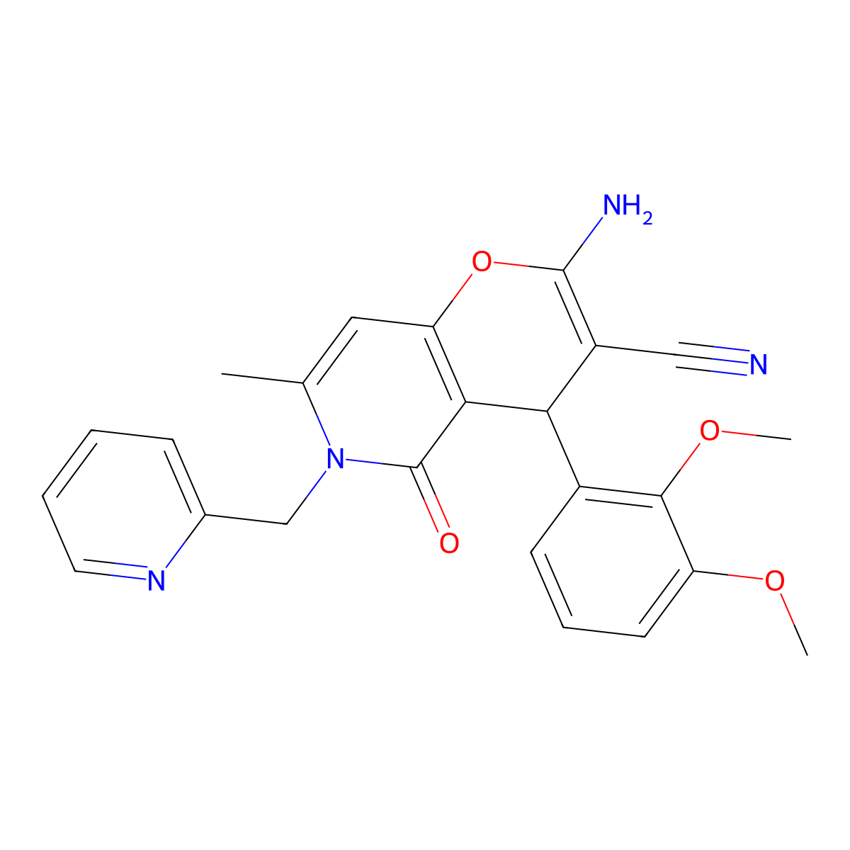 2-amino-4-(2,3-dimethoxyphenyl)-7-methyl-5-oxo-6-(pyridin-2-ylmethyl)-5,6-dihydro-4H-pyrano[3,2-c]pyridine-3-carbonitrile molecular structure, CAS 612053-10-8