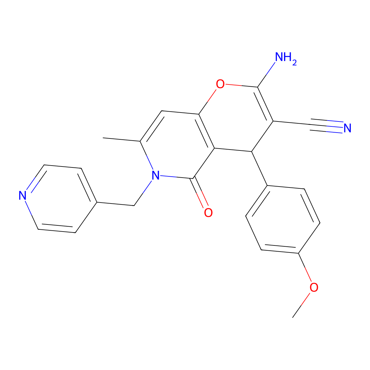 2-amino-4-(4-methoxyphenyl)-7-methyl-5-oxo-6-(pyridin-4-ylmethyl)-5,6-dihydro-4H-pyrano[3,2-c]pyridine-3-carbonitrile molecular structure, CAS 612053-19-7