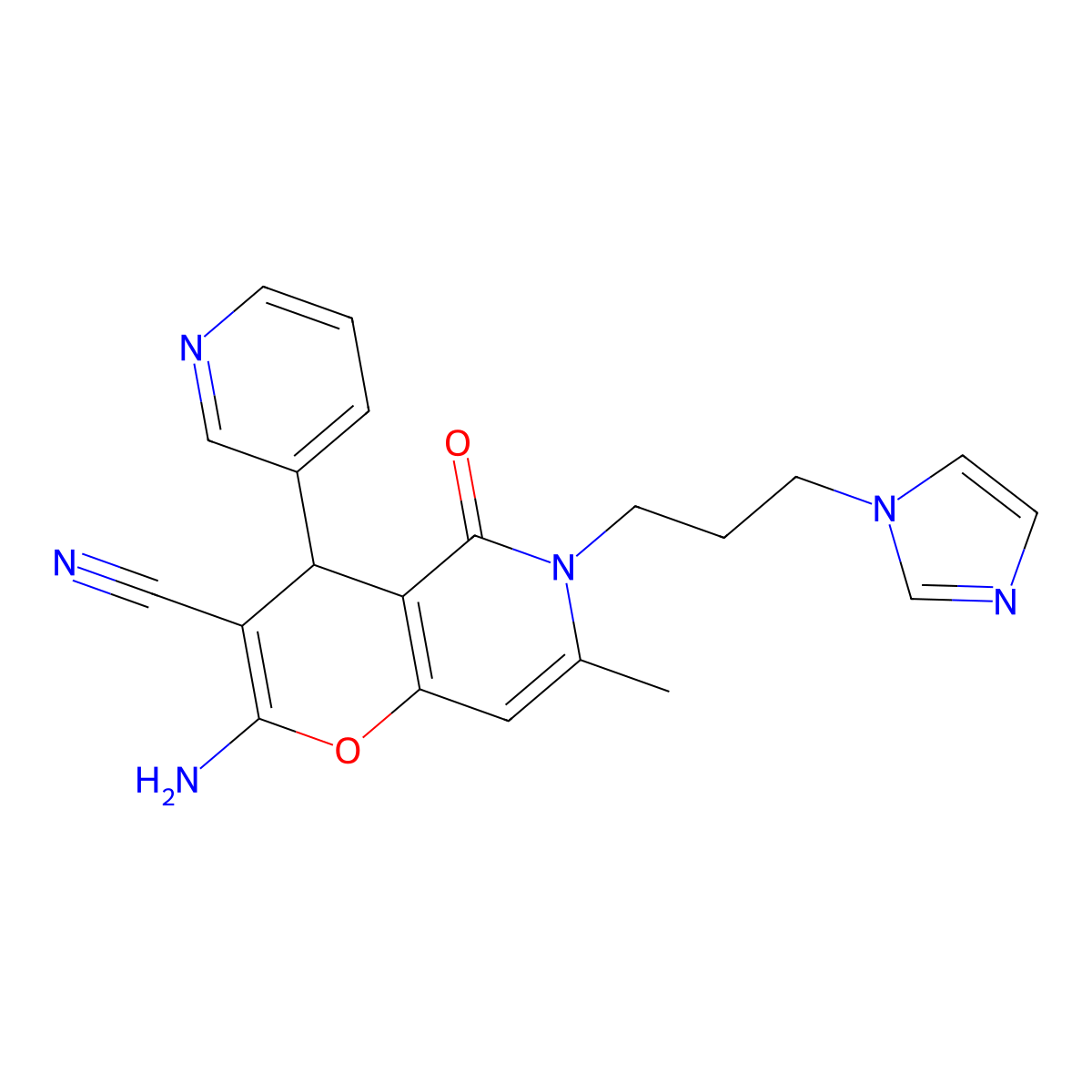 2-amino-6-[3-(1H-imidazol-1-yl)propyl]-7-methyl-5-oxo-4-(pyridin-3-yl)-5,6-dihydro-4H-pyrano[3,2-c]pyridine-3-carbonitrile molecular structure, CAS 612053-54-0