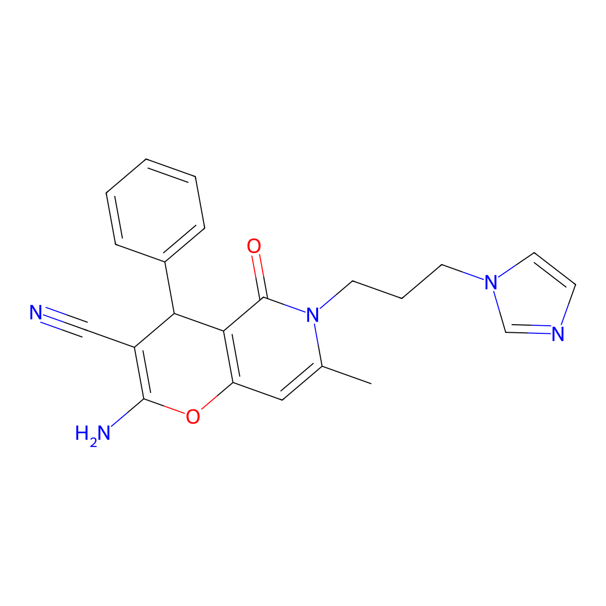 2-amino-6-[3-(1H-imidazol-1-yl)propyl]-7-methyl-5-oxo-4-phenyl-5,6-dihydro-4H-pyrano[3,2-c]pyridine-3-carbonitrile molecular structure, CAS 612053-55-1