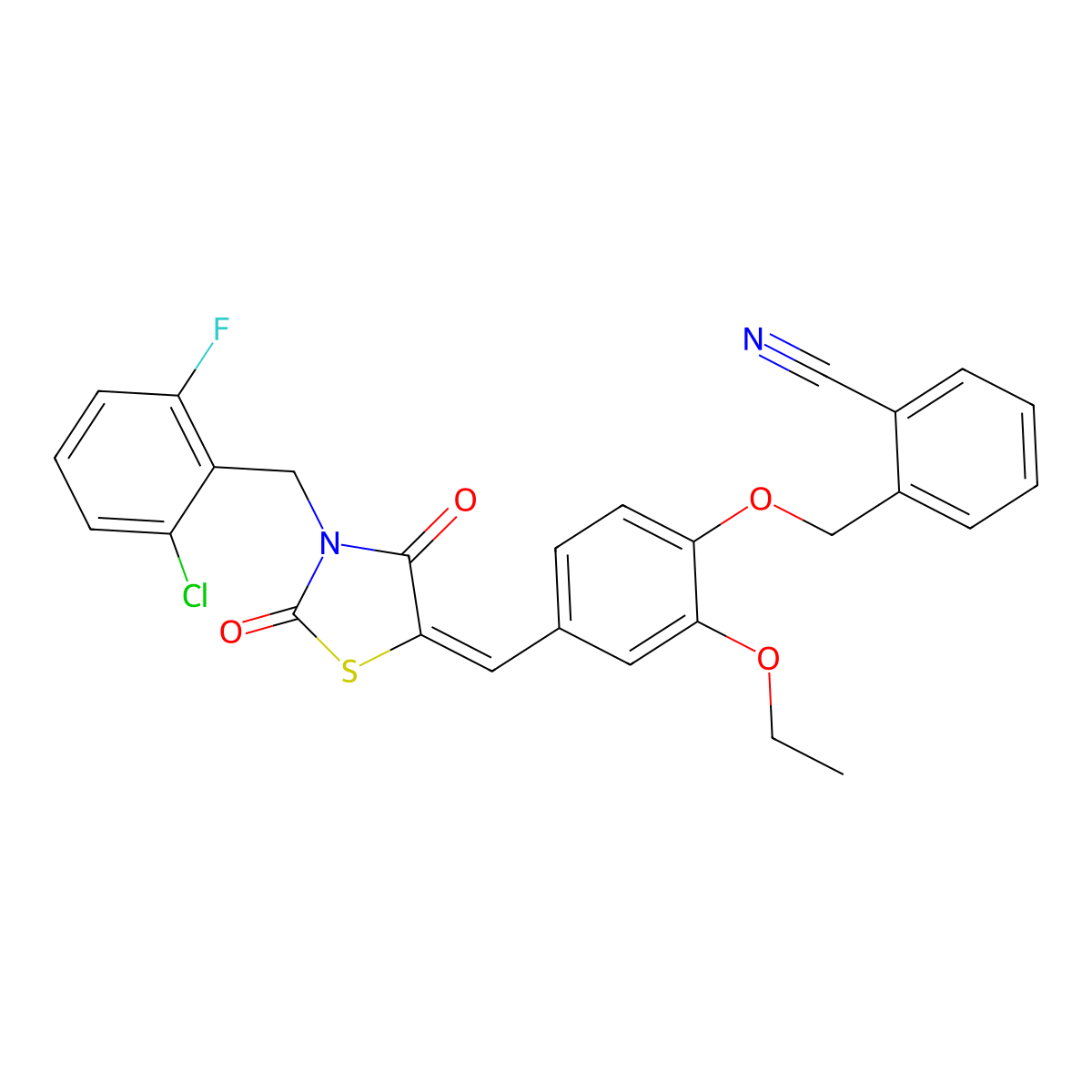 2-{[4-({3-[(2-Chloro-6-fluorophenyl)methyl]-2,4-dioxo-1,3-thiazolidin-5-ylidene}methyl)-2-ethoxyphenoxy]methyl}benzonitrile molecular structure, CAS 6121-49-9