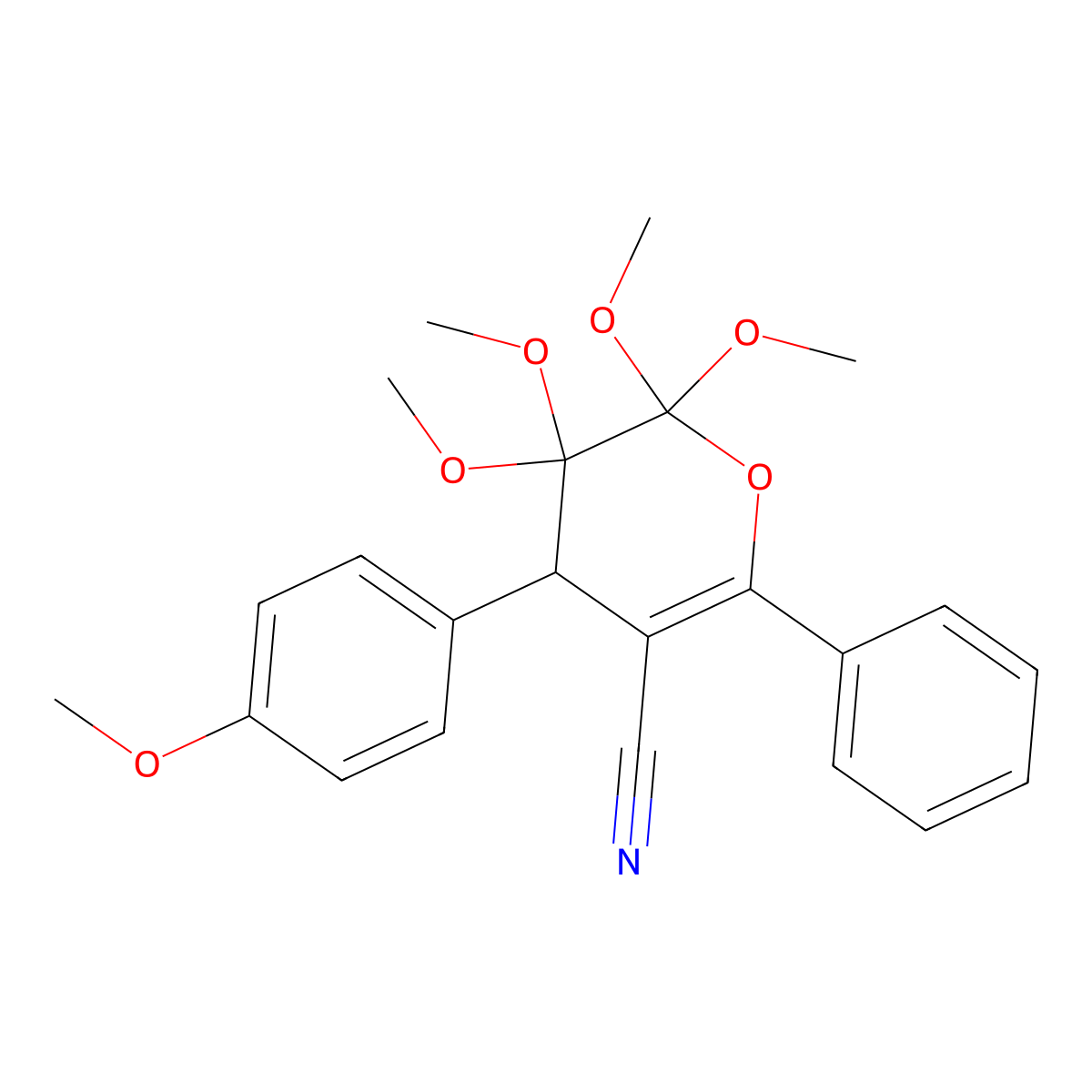 5,5,6,6-tetramethoxy-4-(4-methoxyphenyl)-2-phenyl-4H-pyran-3-carbonitrile molecular structure, CAS 61222-99-9