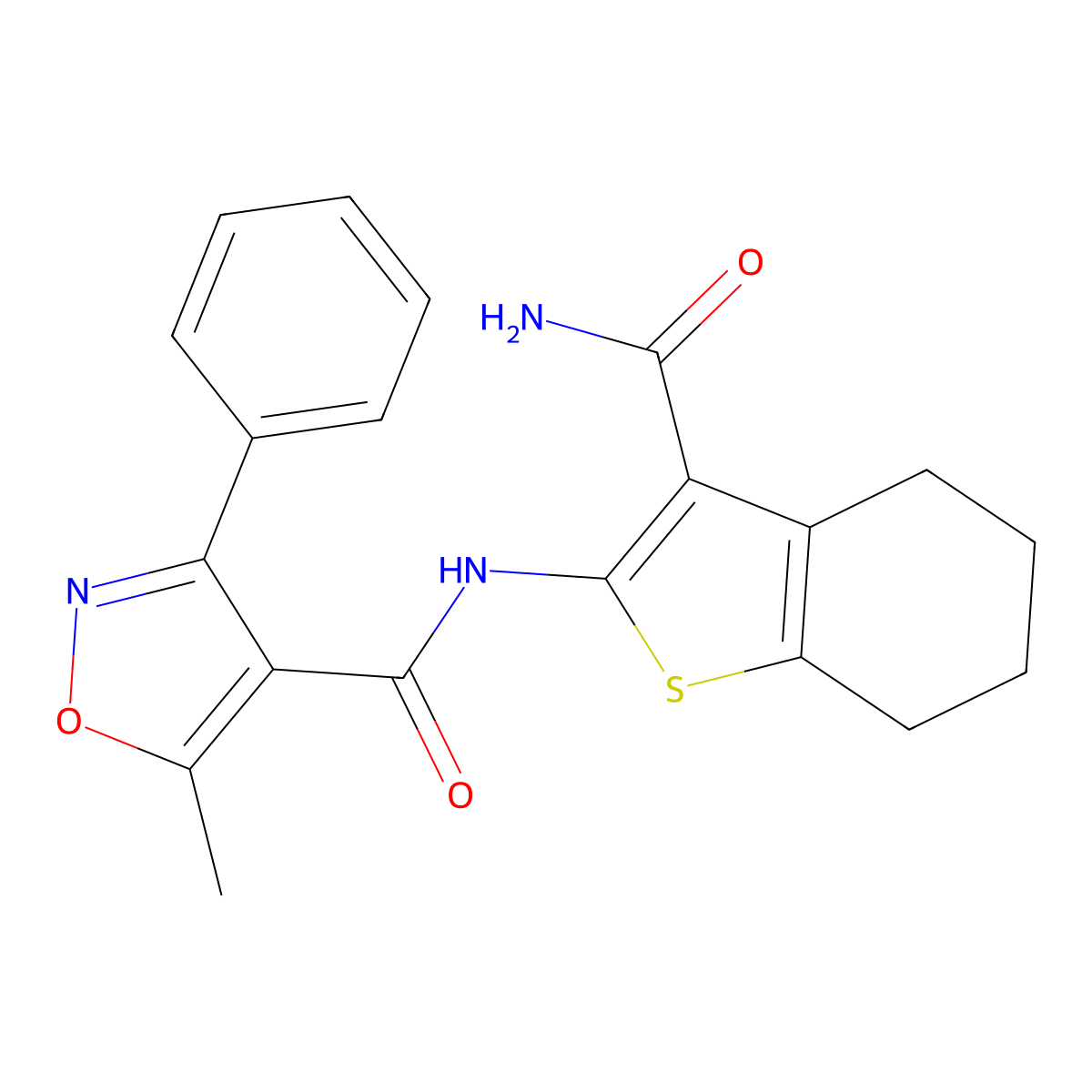 N-(3-carbamoyl-4,5,6,7-tetrahydro-1-benzothiophen-2-yl)-5-methyl-3-phenyl-1,2-oxazole-4-carboxamide molecular structure, CAS 6123-32-6