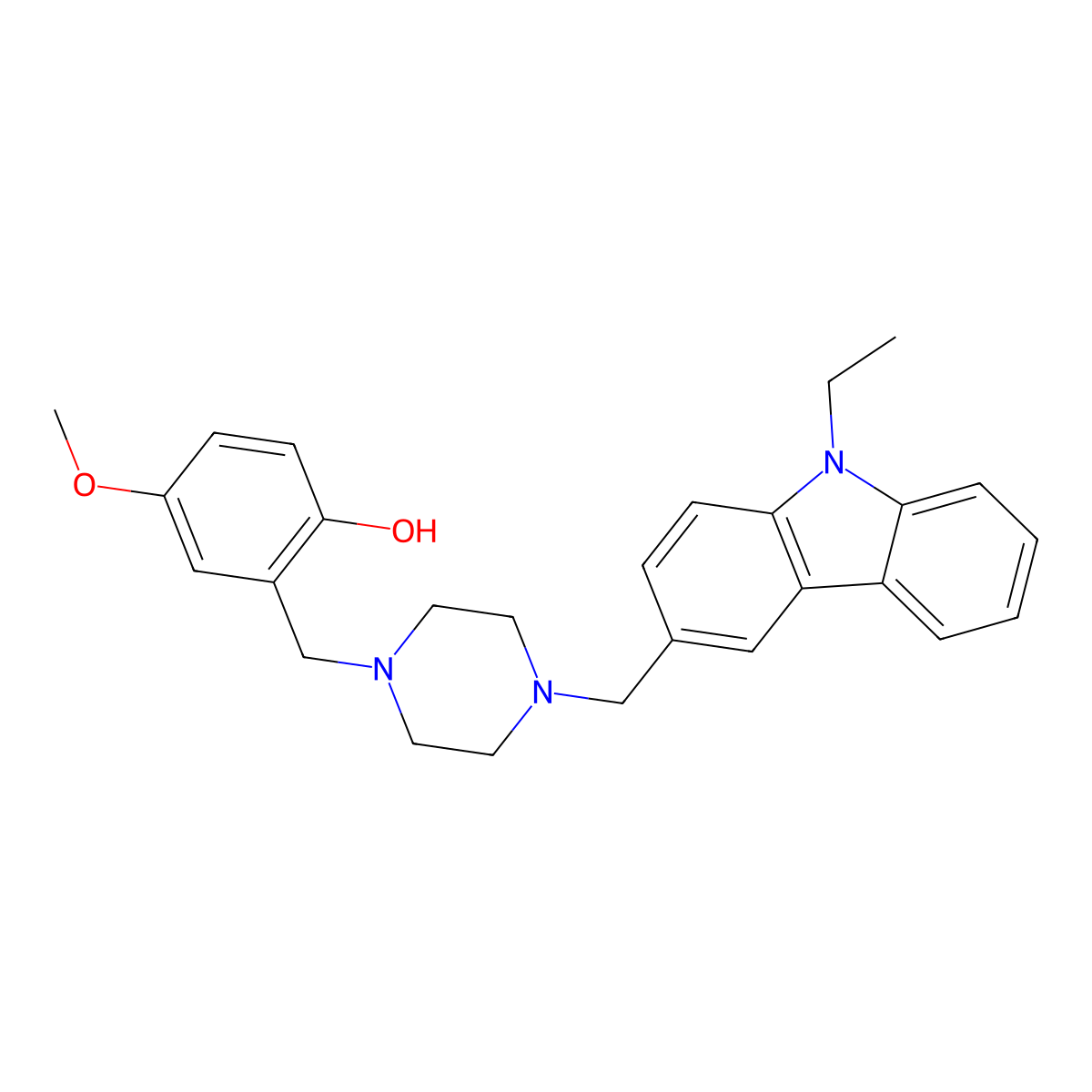 2-[[4-[(9-Ethylcarbazol-3-yl)methyl]piperazin-1-yl]methyl]-4-methoxyphenol molecular structure, CAS 6123-33-7