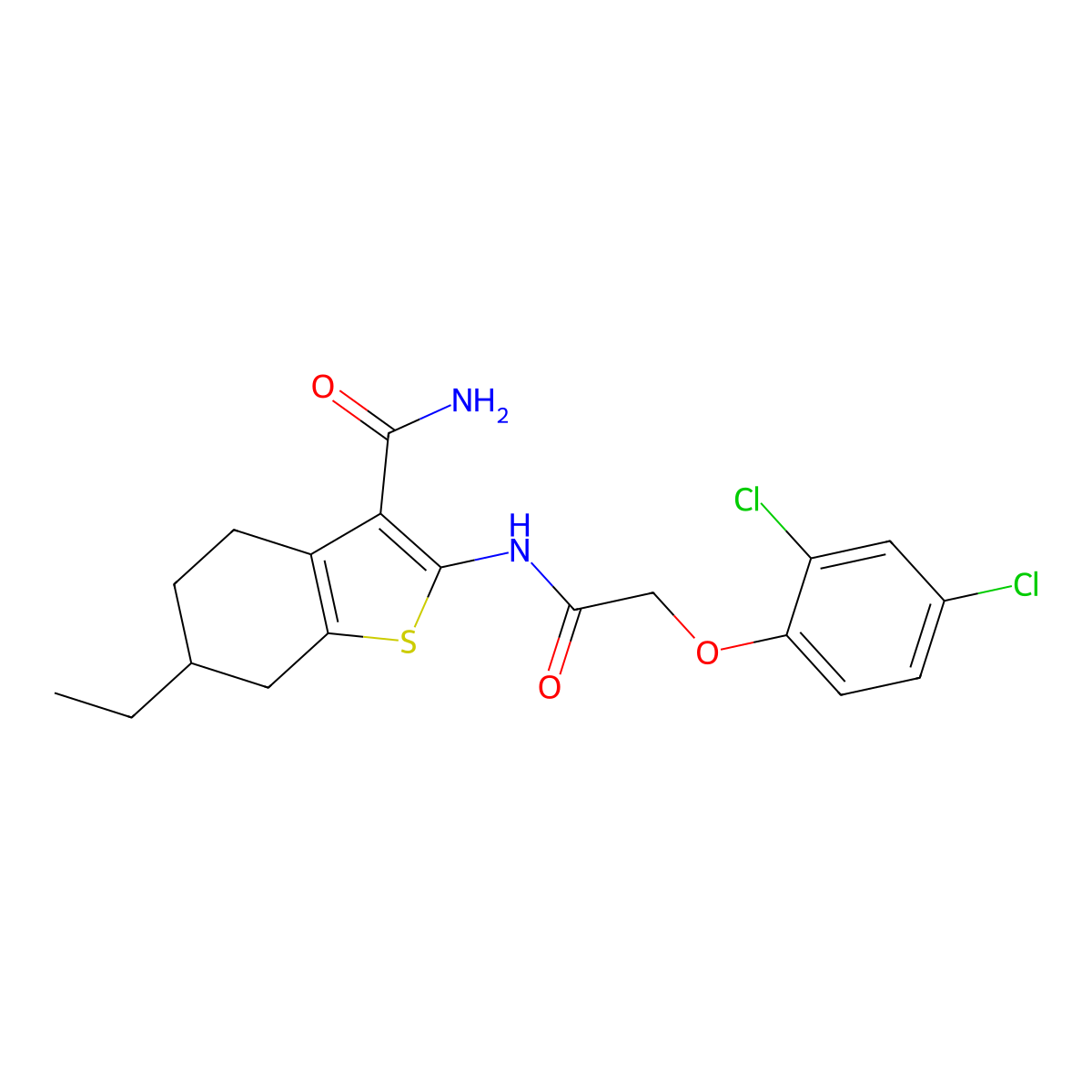 2-{[(2,4-Dichlorophenoxy)acetyl]amino}-6-ethyl-4,5,6,7-tetrahydro-1-benzothiophene-3-carboxamide molecular structure, CAS 6124-41-0